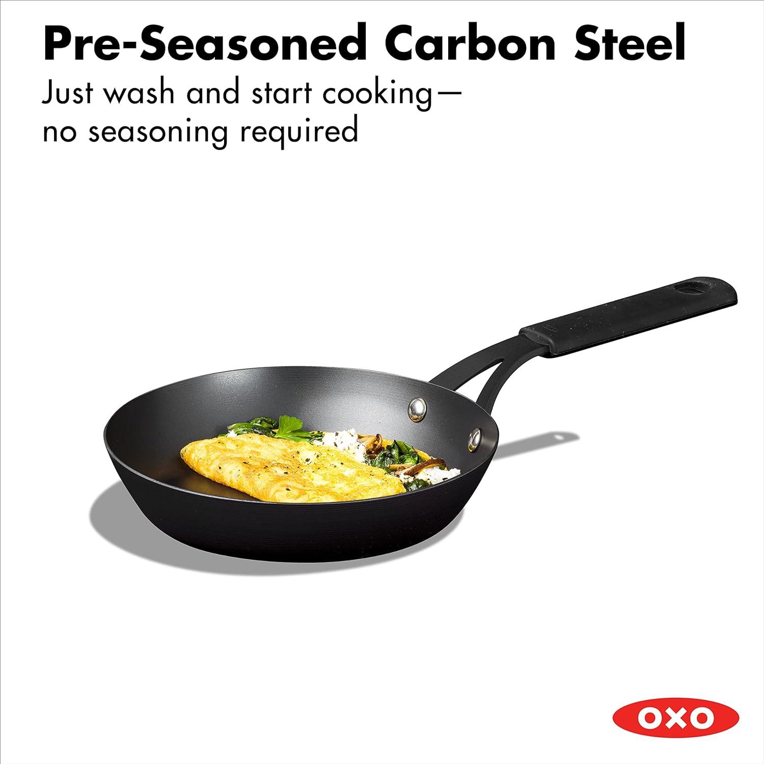 OXO Obsidian Pre-Seasoned Carbon Steel Induction Safe 8" Frying Pan with Silicone Sleeve, Black