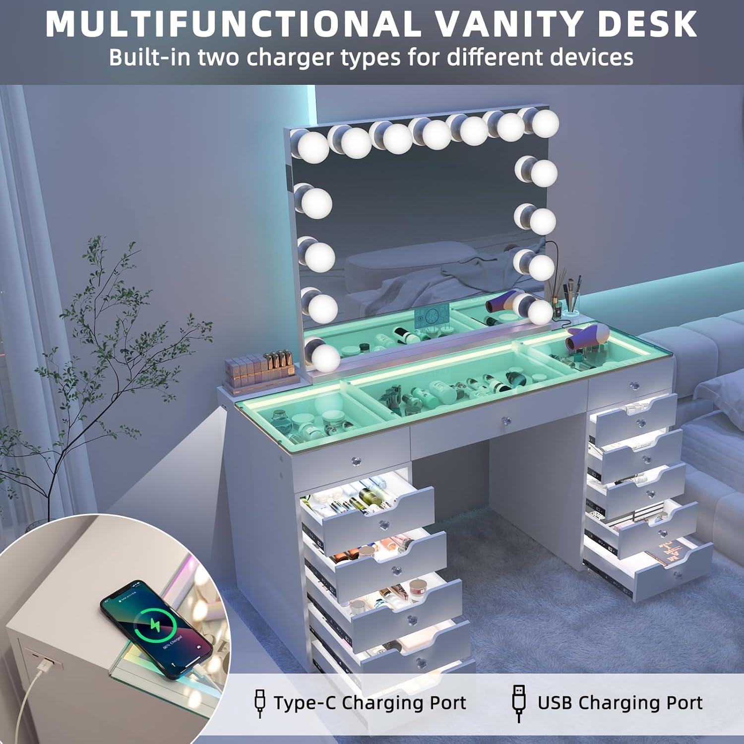 White 60" Vanity Desk with 13 Drawers and LED Lighting