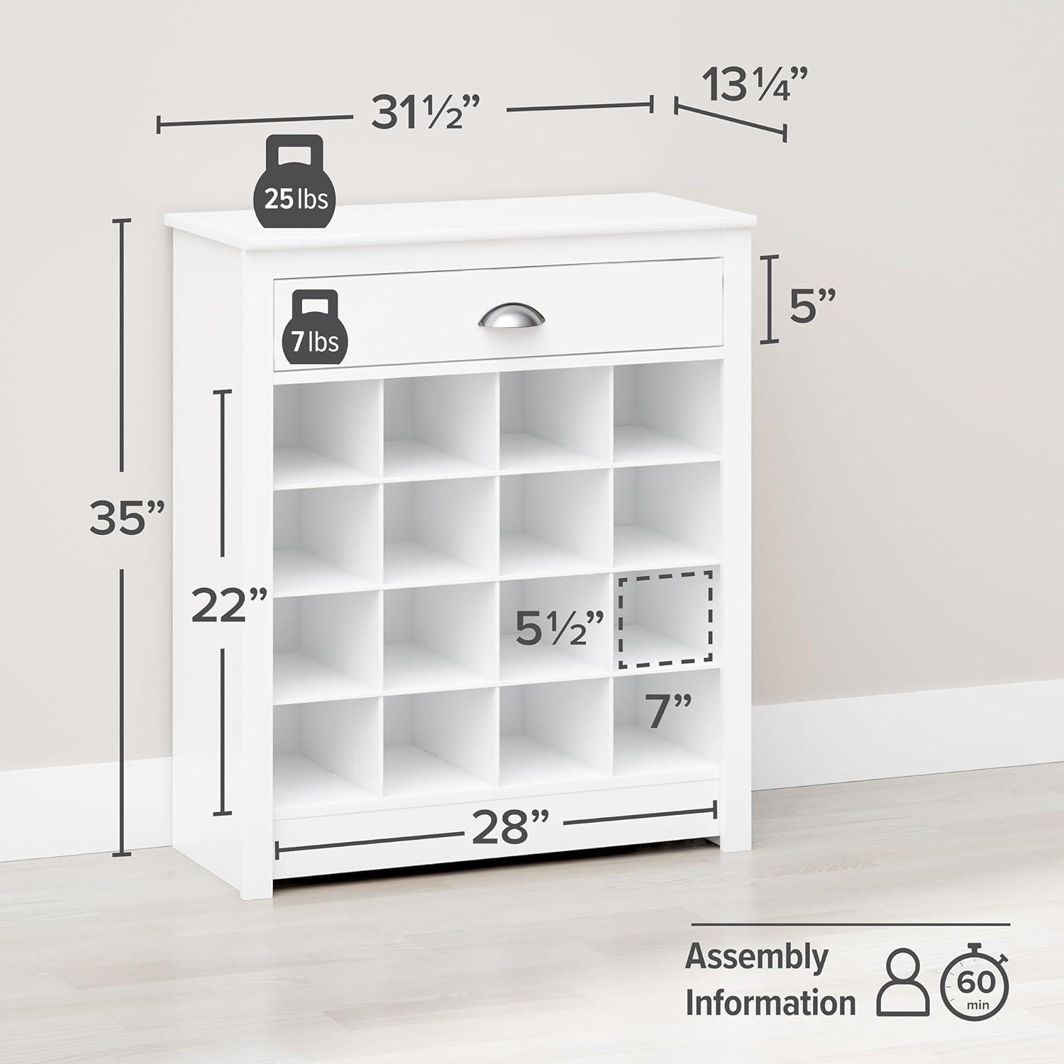 White 16-Cubby Entryway Shoe Storage Cabinet with Drawer