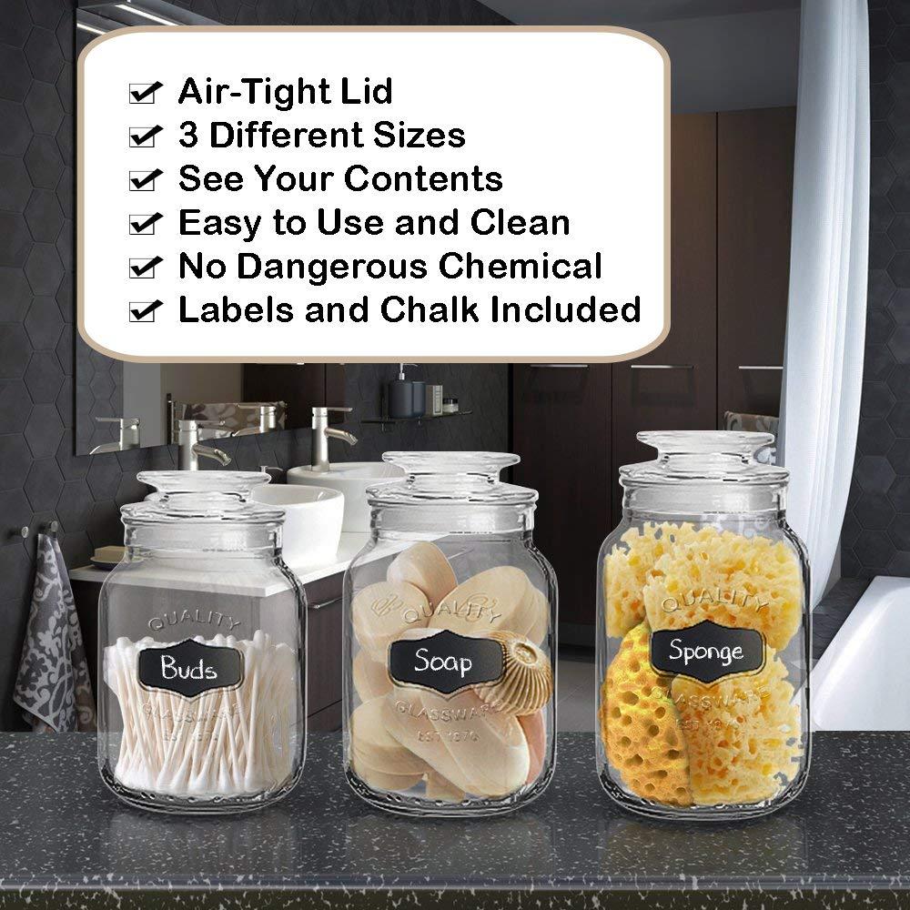 Glass Canister Set for Kitchen or Bathroom with Airtight Lid and Chalkboard Labels, Apothecary Glass Food Storage Jars,Set of 3 Cookie Jars, Candy, Coffee, Cereal & More, Clear Storage Containers!