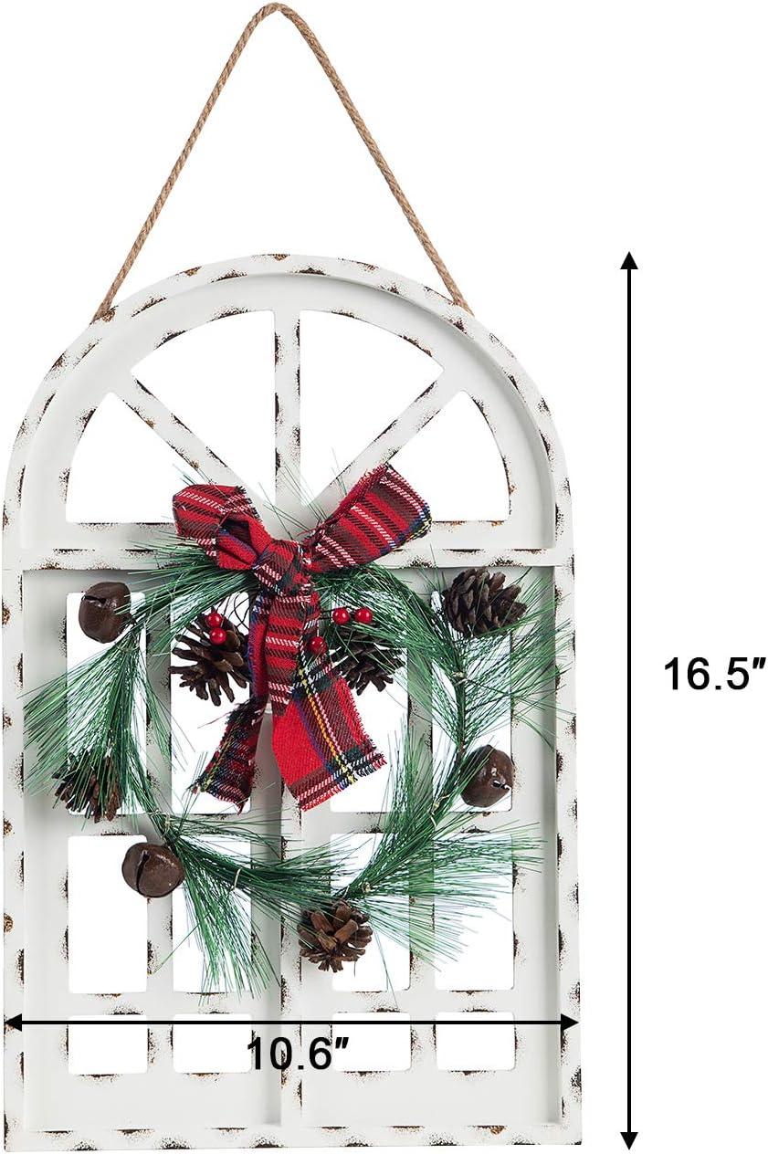 FUNING Indoor and Outdoor Wood Christmas Holiday Wall Hanging Door Decorations Wood Plaqu Signs Christmas Ornament, for Home, School, Office Including Wreath, Wooden Arch and Led Lights