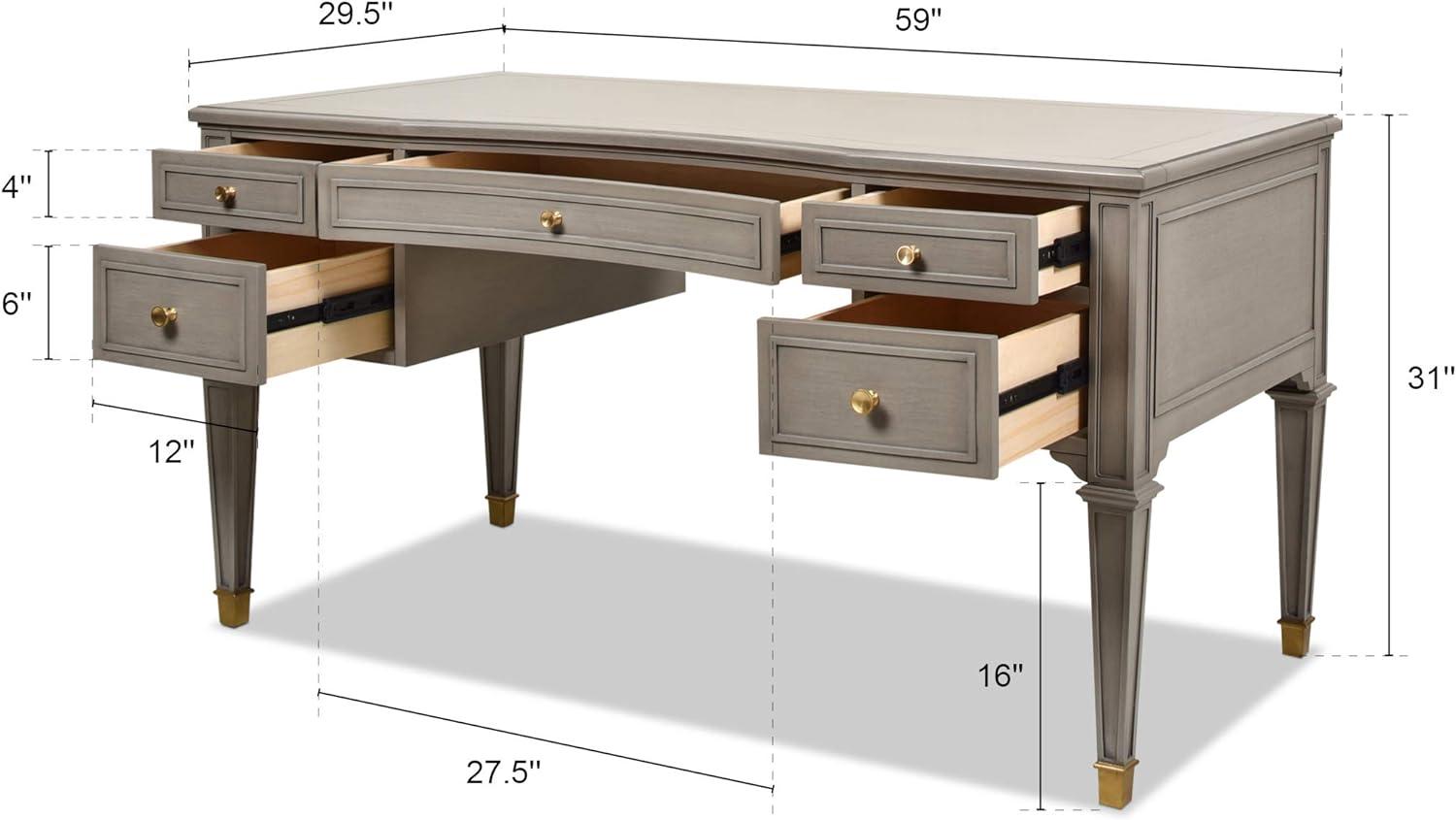 Natural Brown Wood Executive Desk with Gold Accents and Drawers