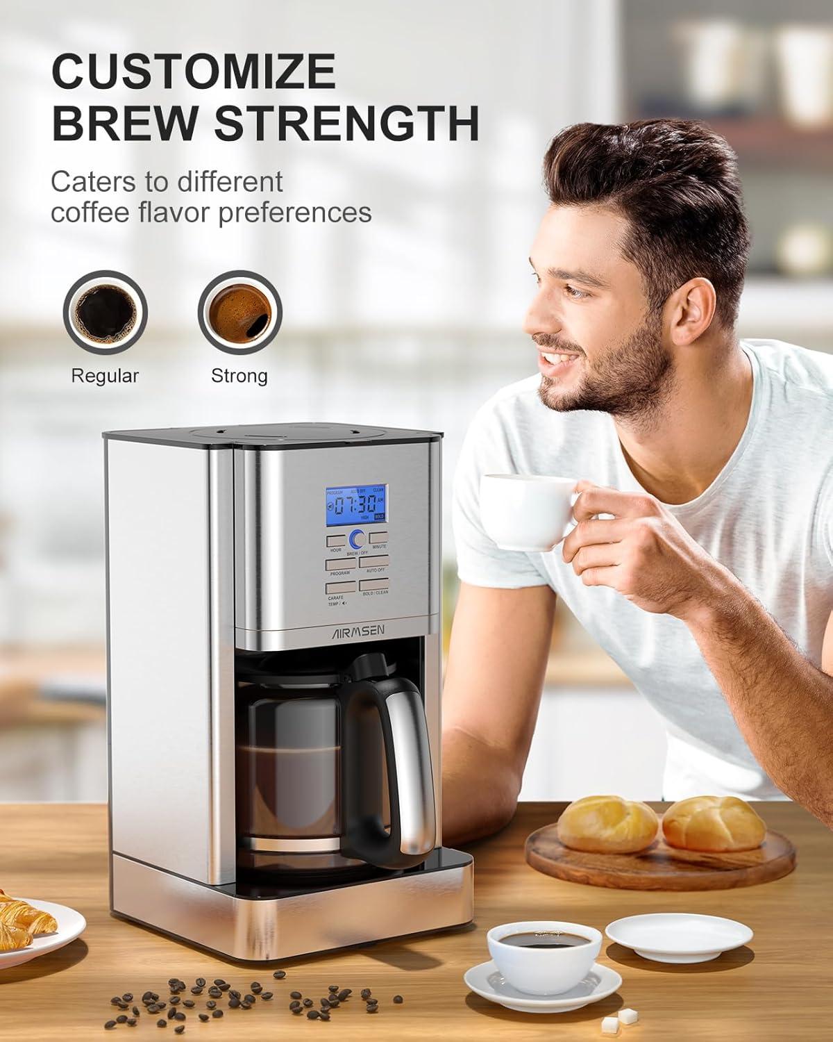 AIRMSEN Stainless Steel 12 Cup Drip Coffee Maker, Programmable Coffee Machine Self-Cleaning