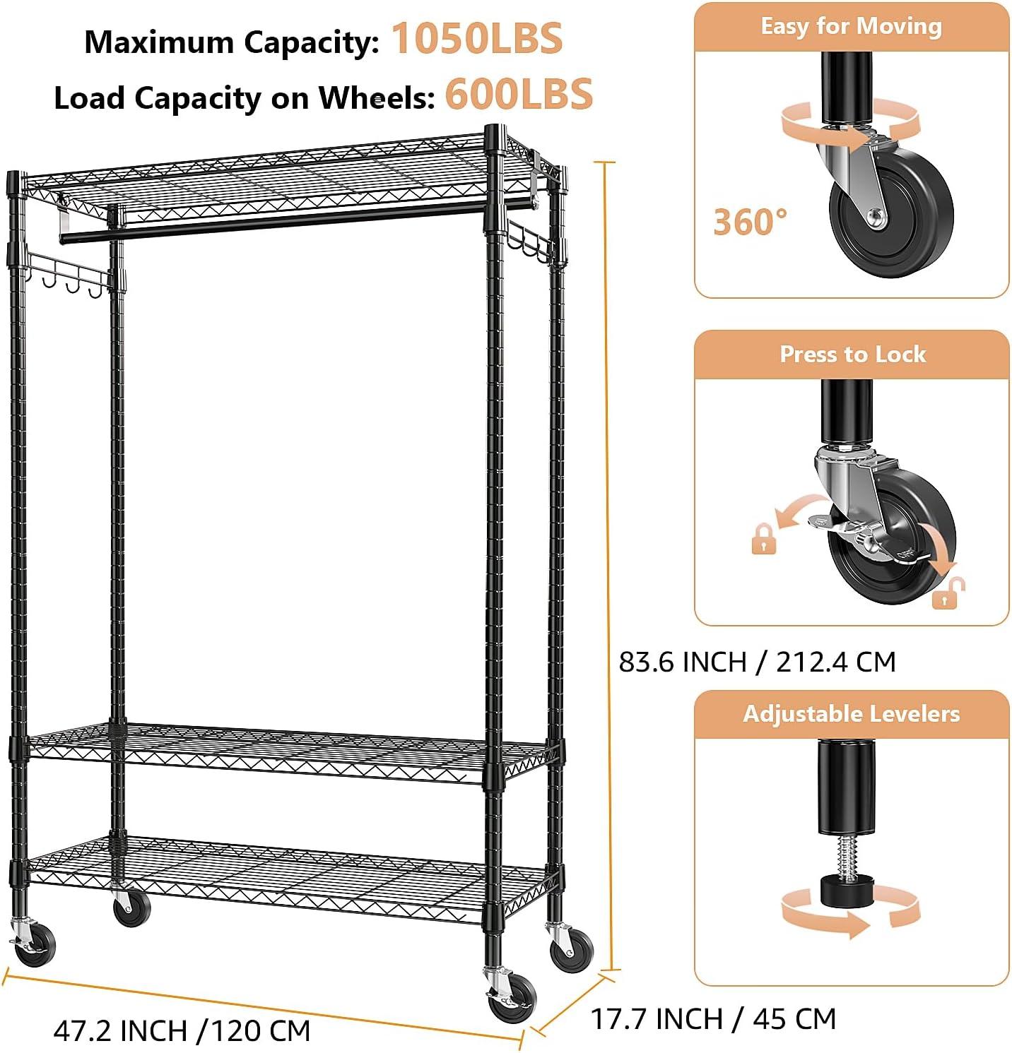 Heavy Duty Clothes Rack Rolling Garment Rack,3 Tier Adjustable Wire Shelving Clothing Racks for Hanging Clothes with Hanger Rod&Side Hooks,Freestanding Wardrobe Storage Rack Metal Portable Closet