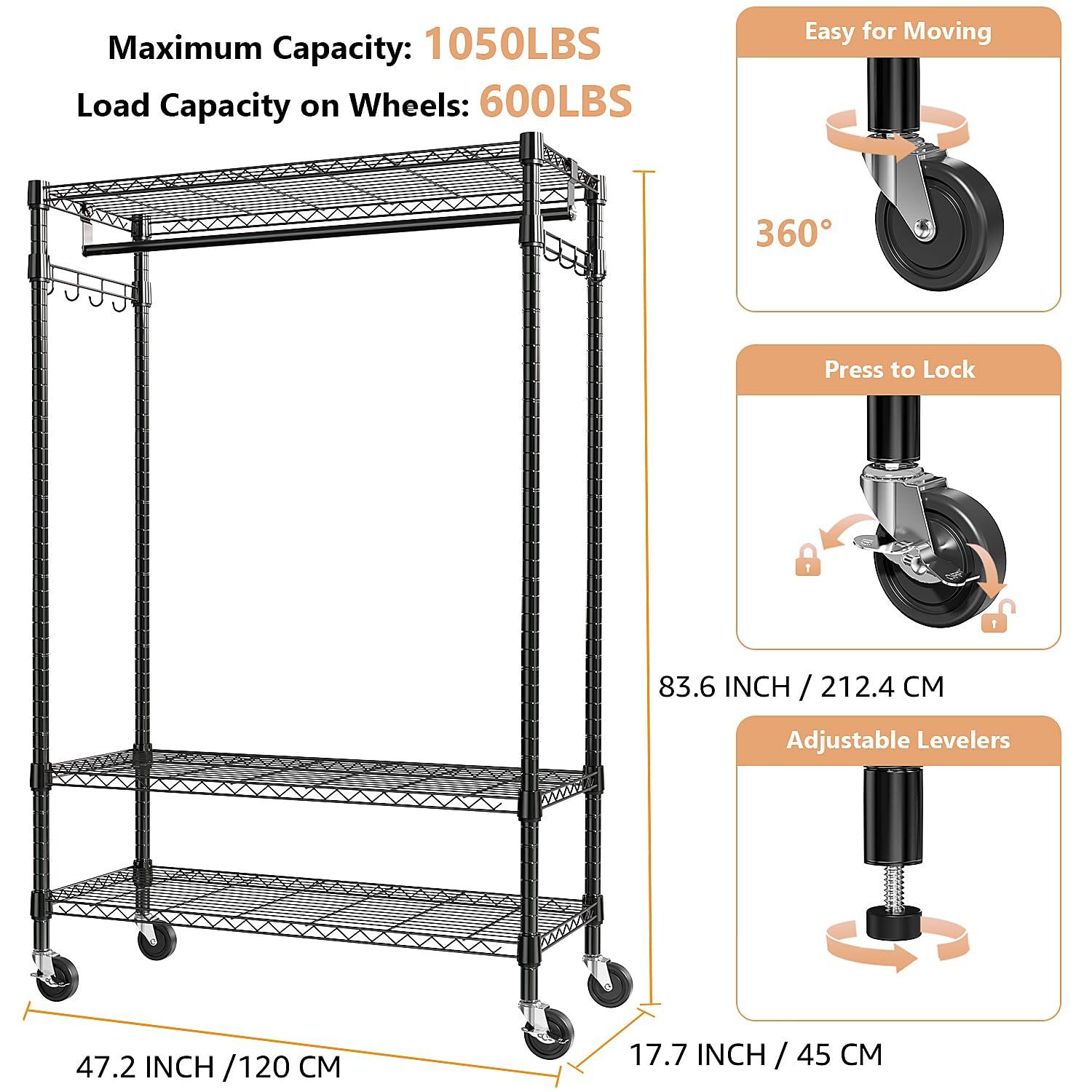 Heavy Duty Clothes Rack Rolling Garment Rack,3 Tier Adjustable Wire Shelving Clothing Racks for Hanging Clothes with Hanger Rod&Side Hooks,Freestanding Wardrobe Storage Rack Metal Portable Closet