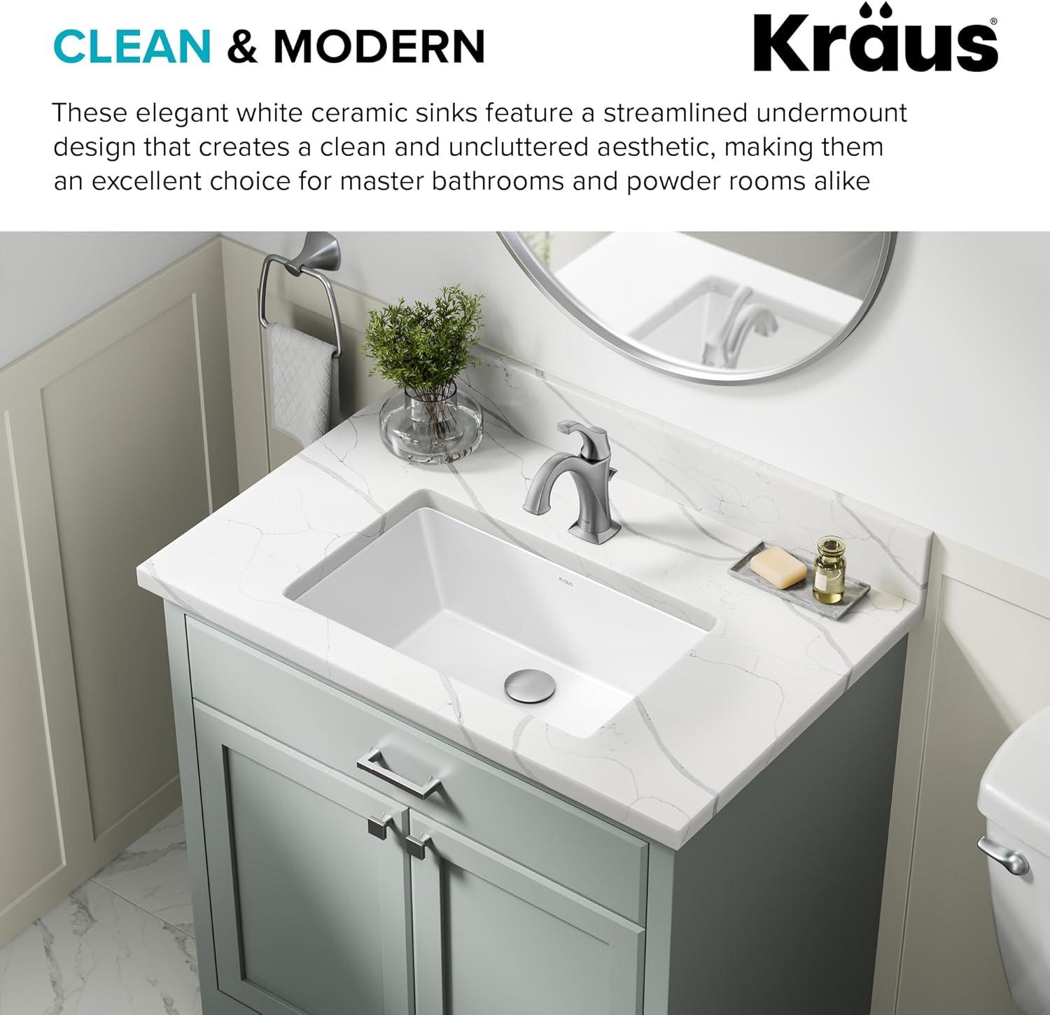 KRAUS Elavo. Rectangular Porcelain Ceramic Undermount Bathroom Sink In White With Overflow Drain, KCU-242