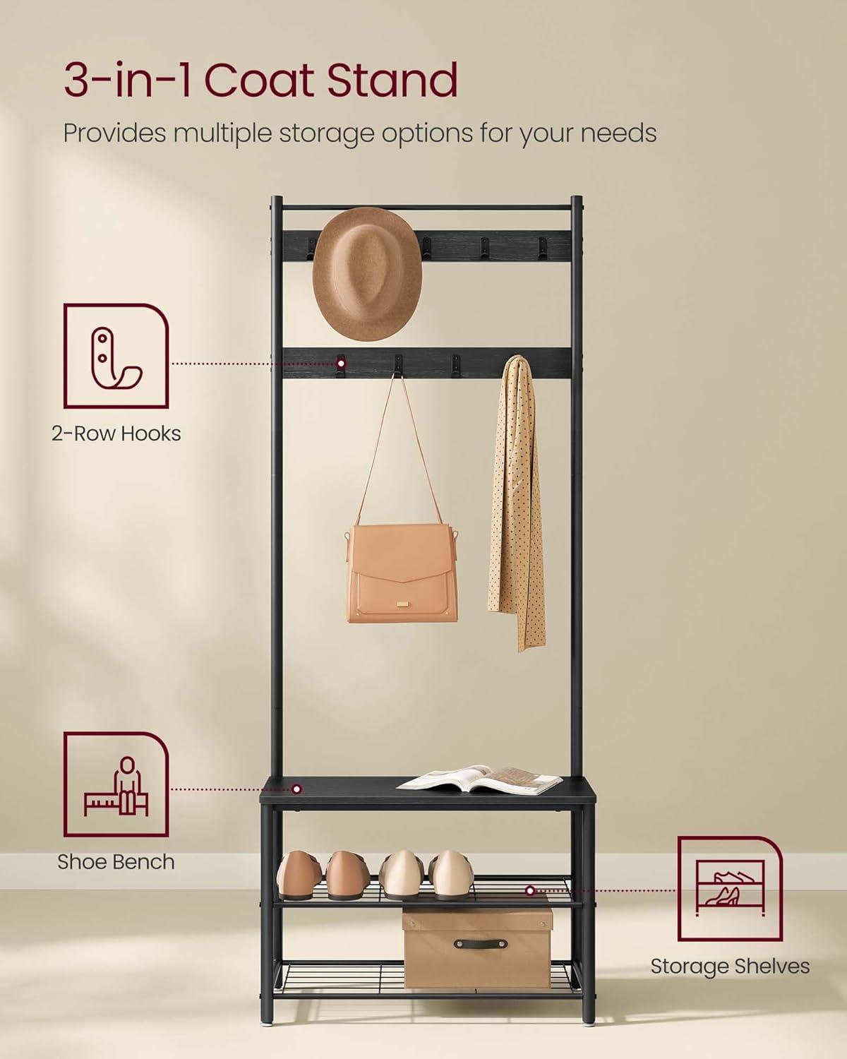 VASAGLE Coat Rack, Hall Tree with Shoe Storage Bench, Entryway Bench with Shoe Storage, 3-in-1, Steel Frame, for Entryway, 12.6 x 33.5 x 68.9 Inches, Industrial, Rustic Brown and Black UHSR401B01