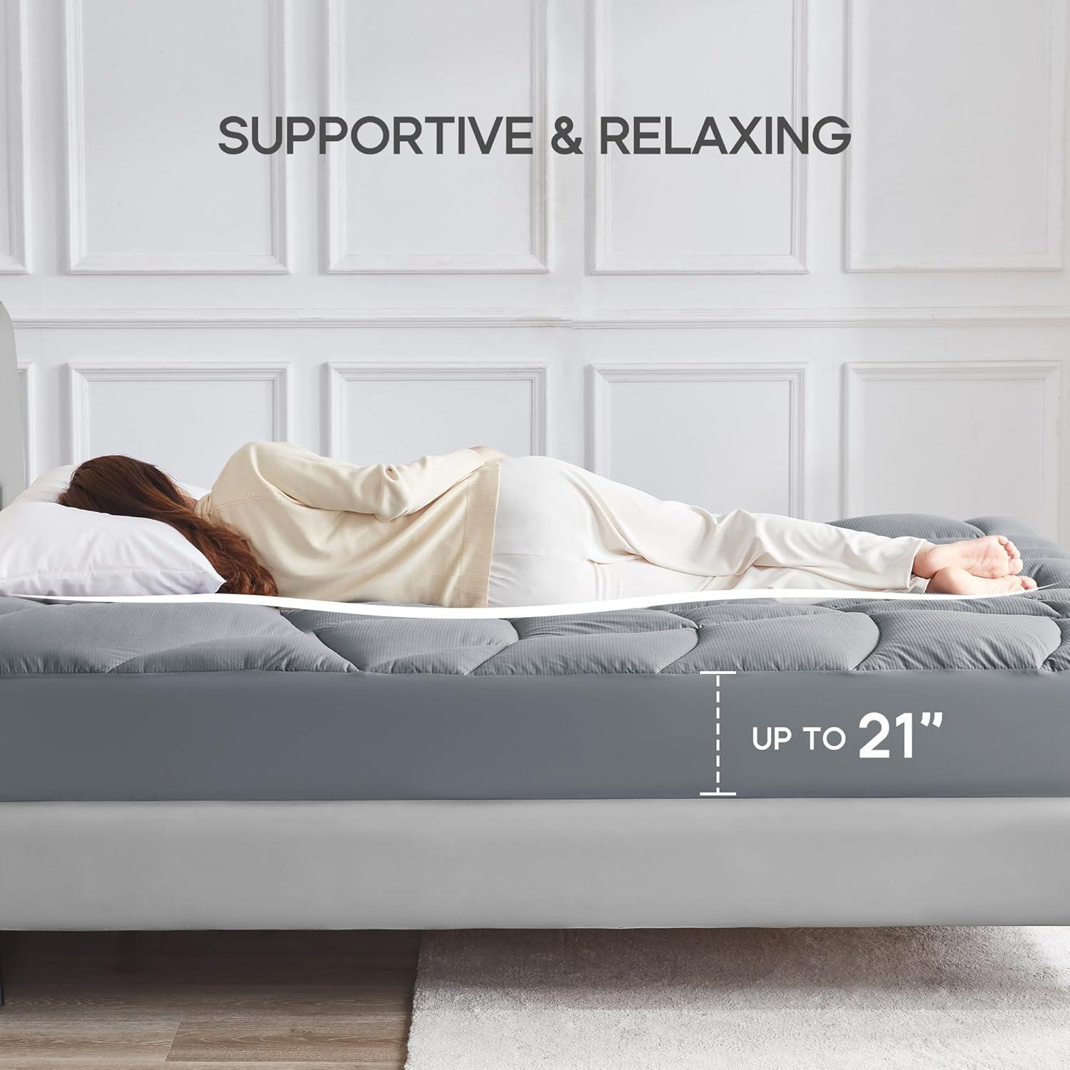 Sonive Queen Mattress Protector, Mattress Topper up to 21 Inches Deep Pocket Pad with 5-Zone Ergonomic Design, Soft Mattress Pad Microfiber Breathable Mattress Cover Machine Washable Grey