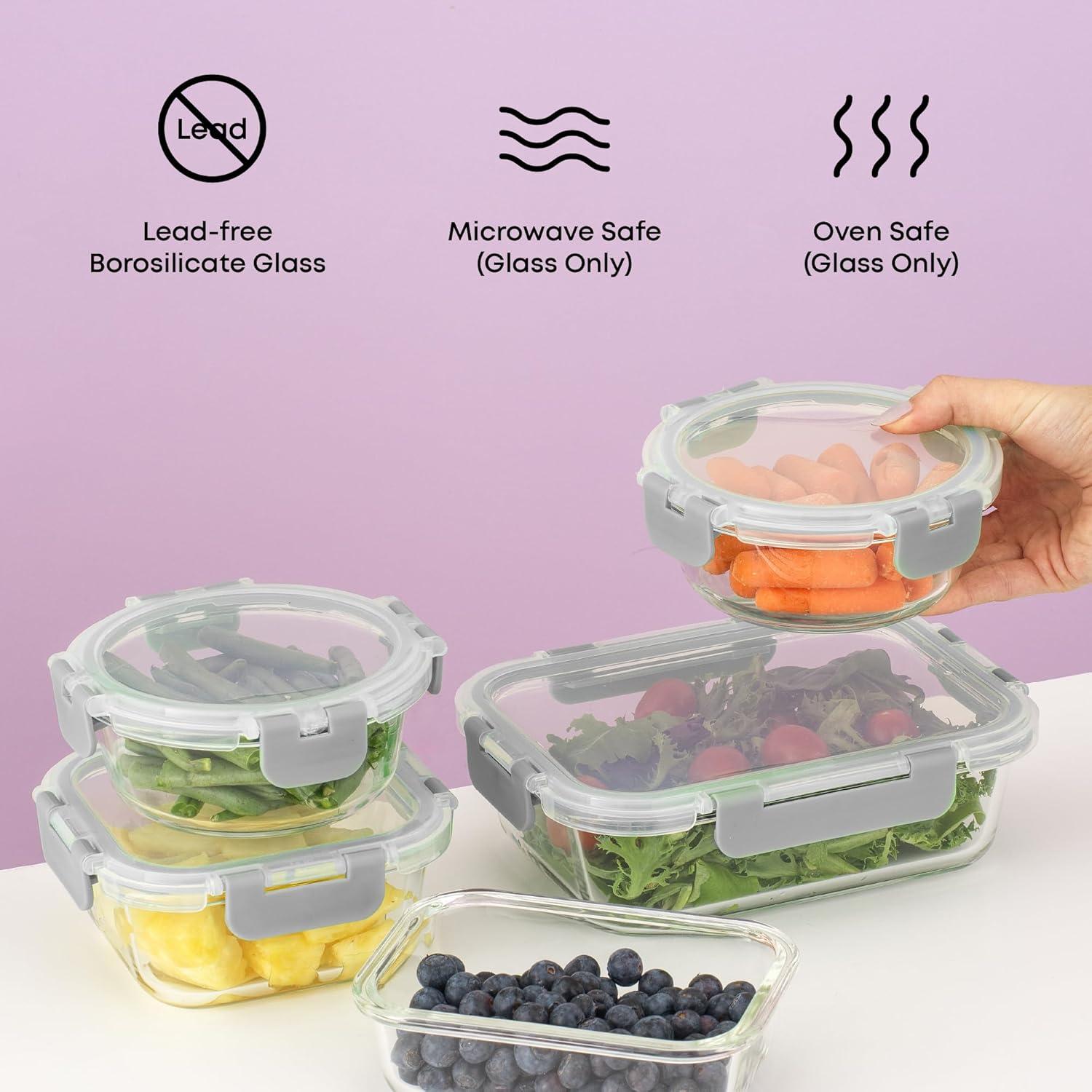 JoyJolt JoyJolt 24-Piece Glass Food Storage Container Set with Leakproof Lids, Light Grey (Set of 5)