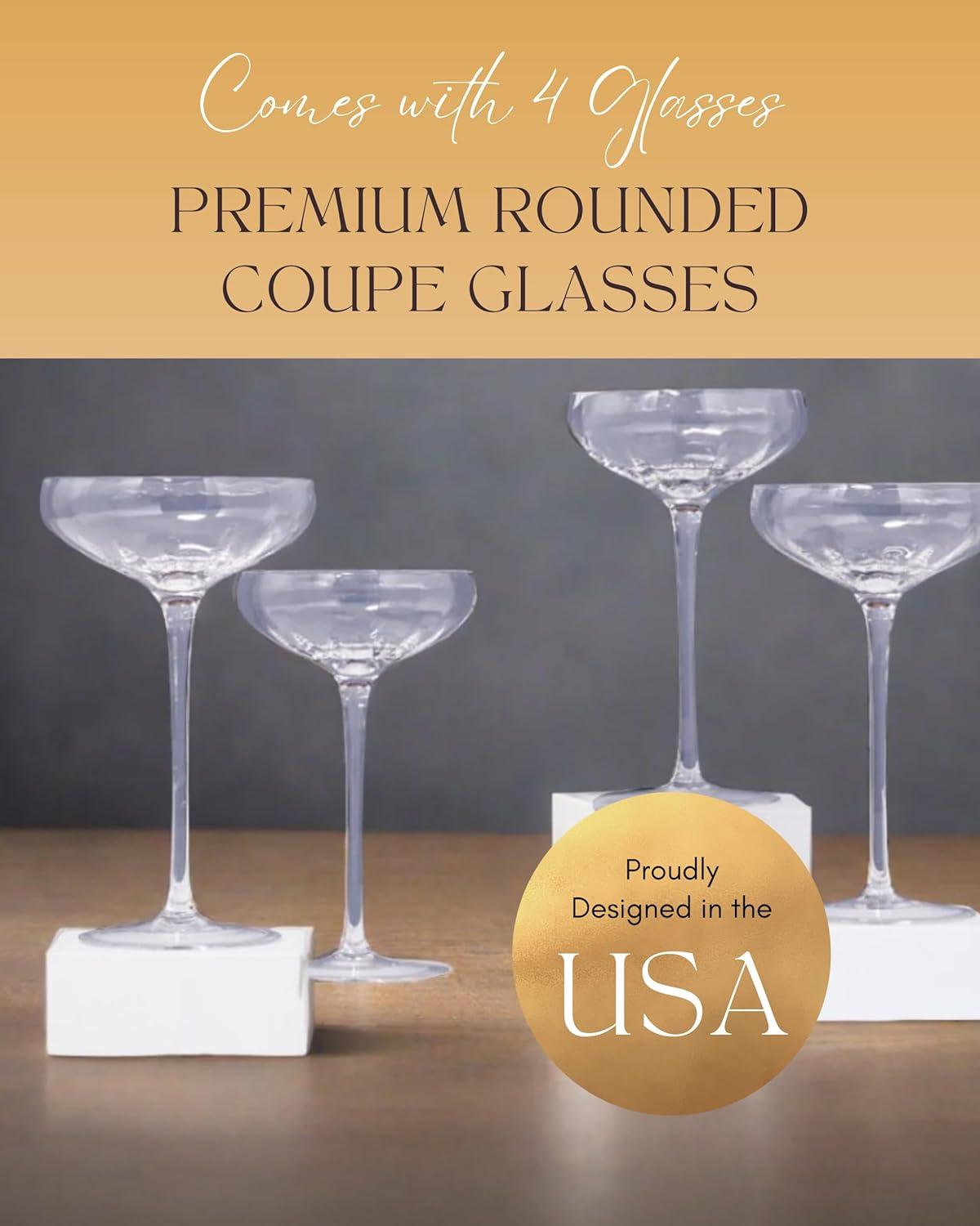 Elegant Clear Glass Rounded Coupe Cocktail Glasses, Set of 4
