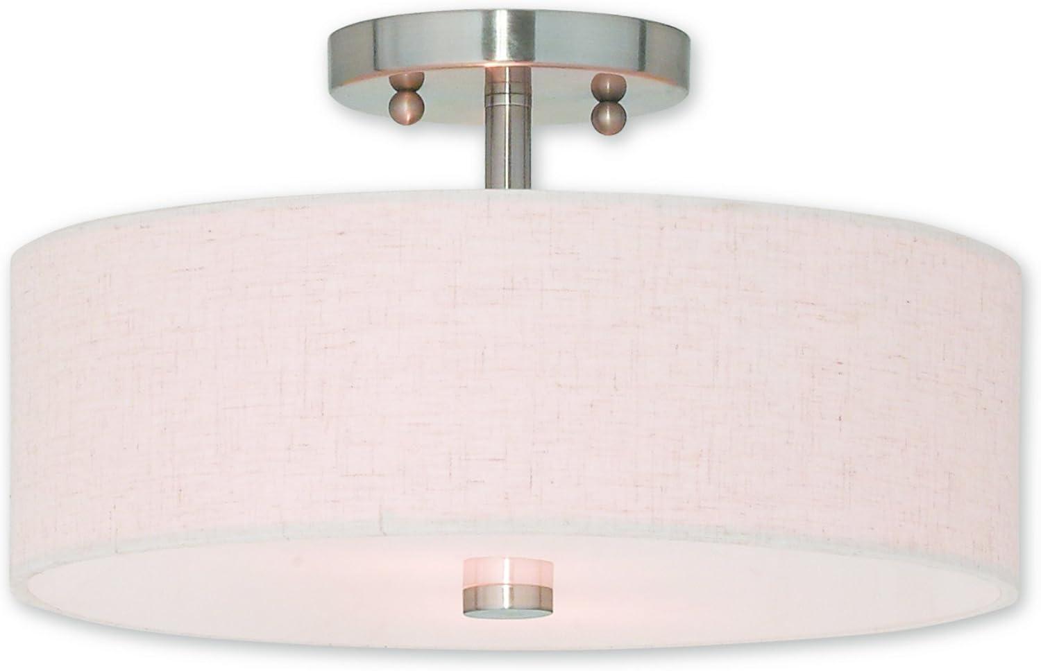 Elegant Meridian Brushed Nickel Drum Ceiling Light with Oatmeal Fabric Shade