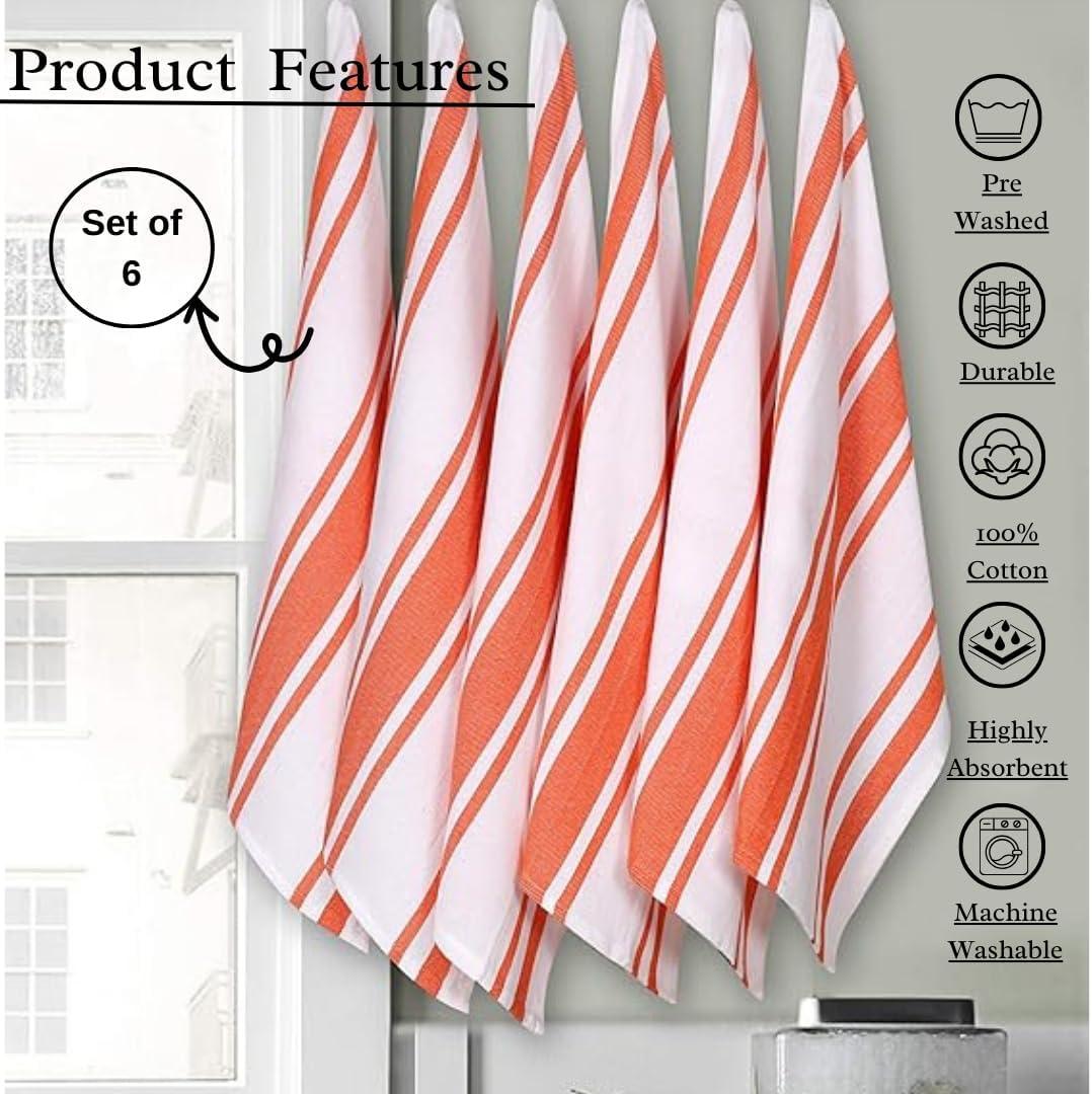 Heavy Duty Orange and White Cotton Kitchen Towels Set of 6