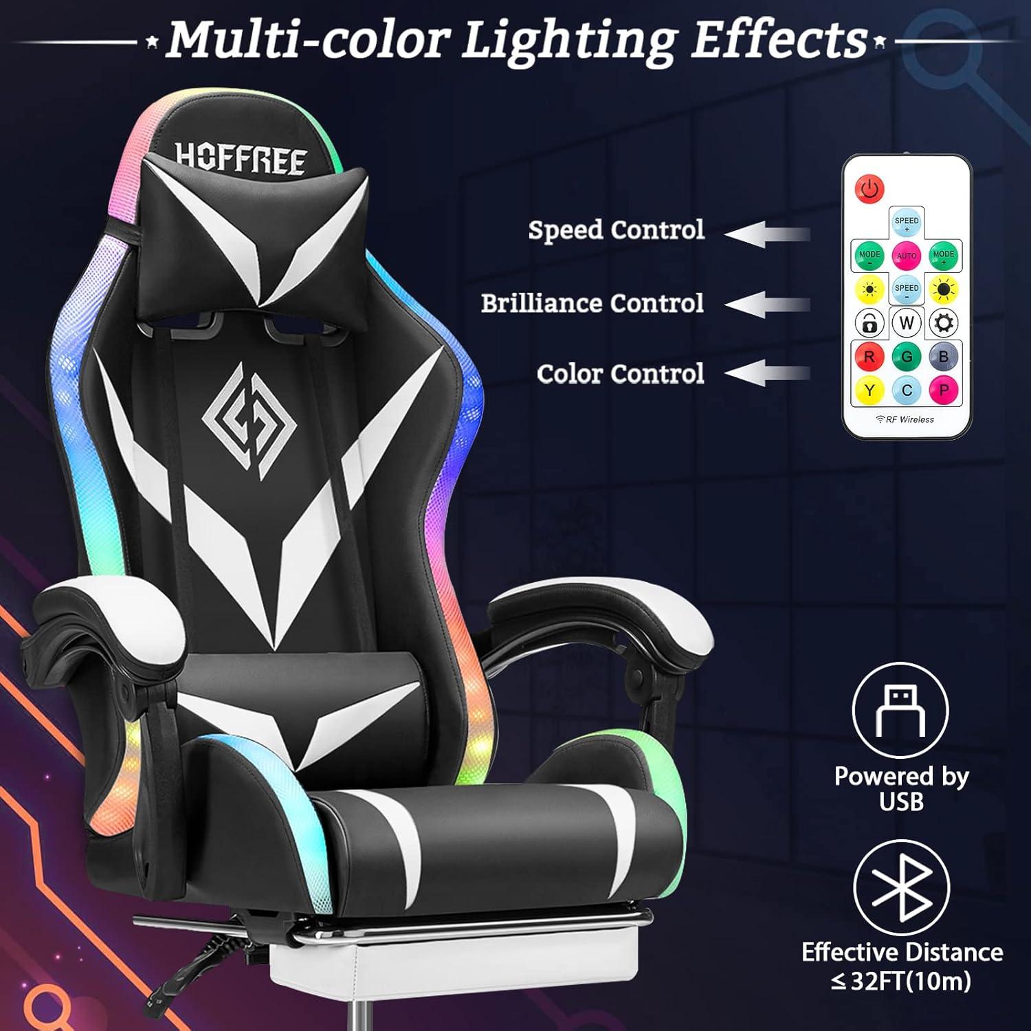 Gaming Chair with Bluetooth Speakers and RGB LED Lights Ergonomic Massage Computer Gaming Chair with Footrest Video Game Chair High Back with Lumbar Support White and Black