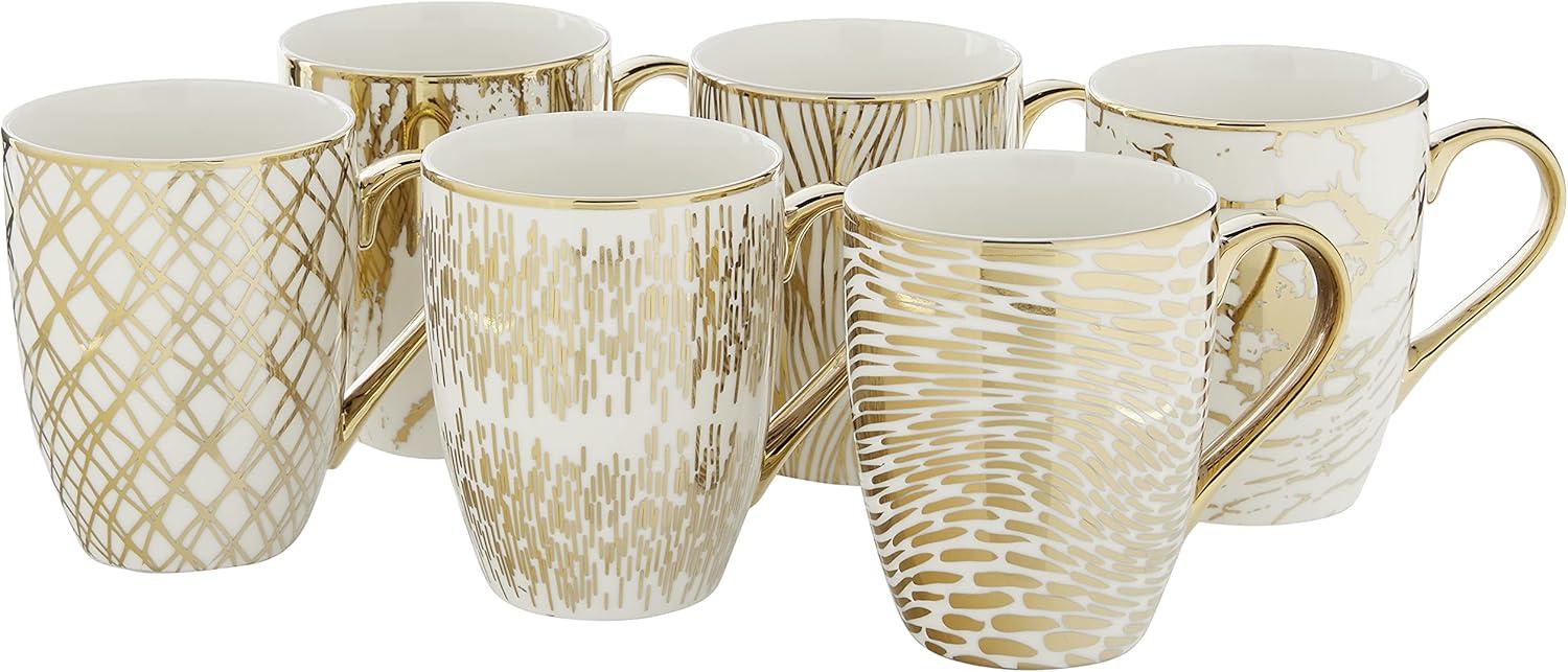 Elegant White and Gold Ceramic Mug Set, 16 oz, 6-Piece