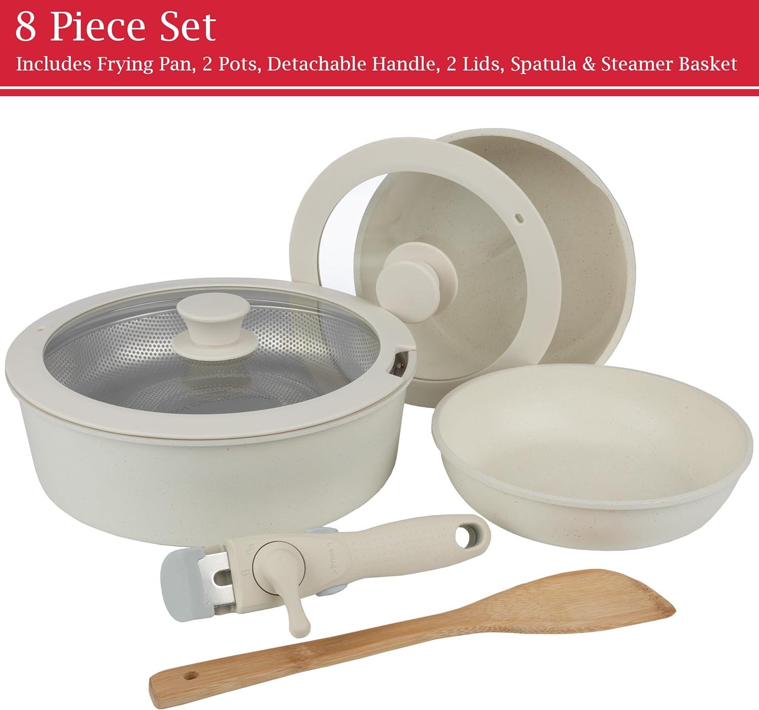 Home-Complete 8PC Nonstick Pots and Pans Set with Detachable Handle (Cream)