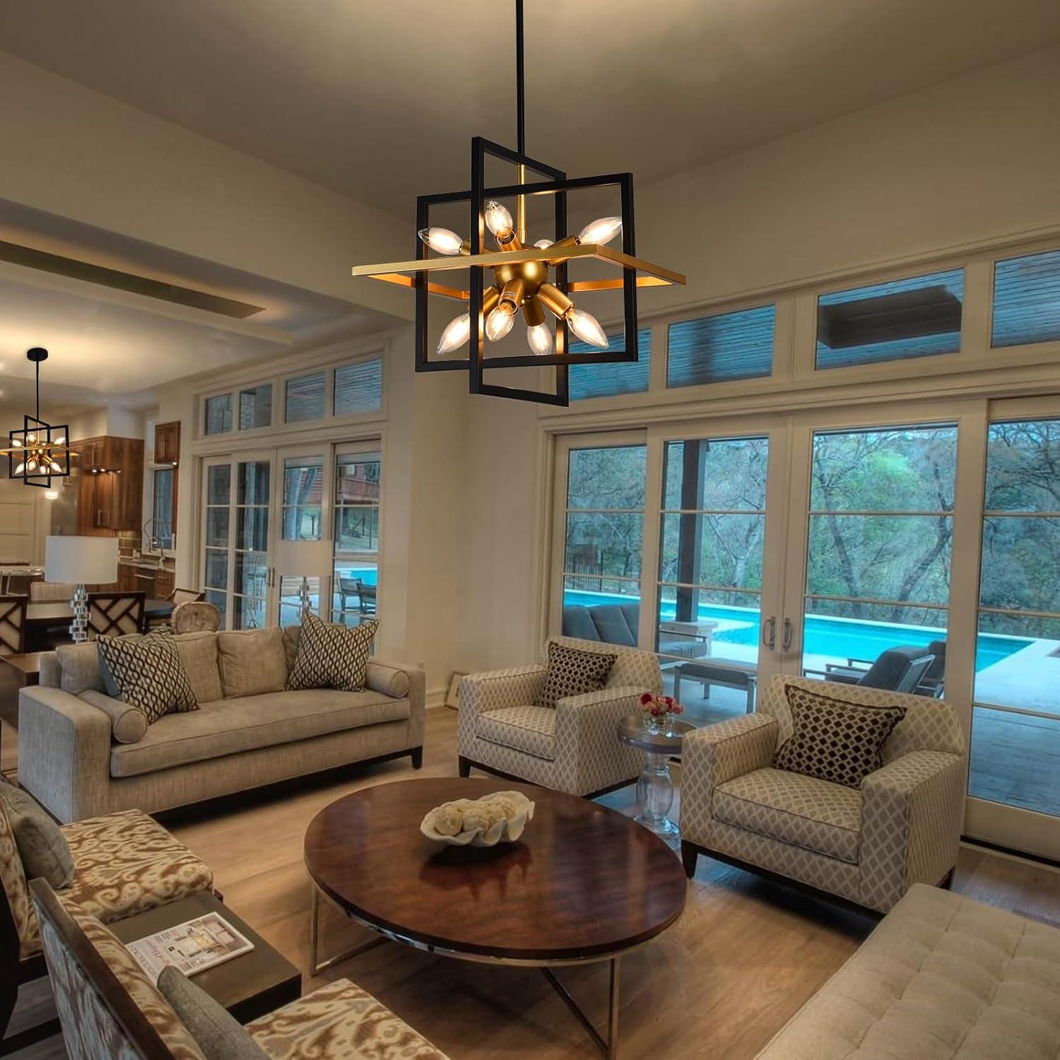 Modern Black and Gold Chandelier, 8-Light Geometric Pendant Light Fixture, Dining Light Fixtures Adjustable Chandelier for Dining Room Entryway Foyer Hallway Bedroom Living Room Kitchen Island