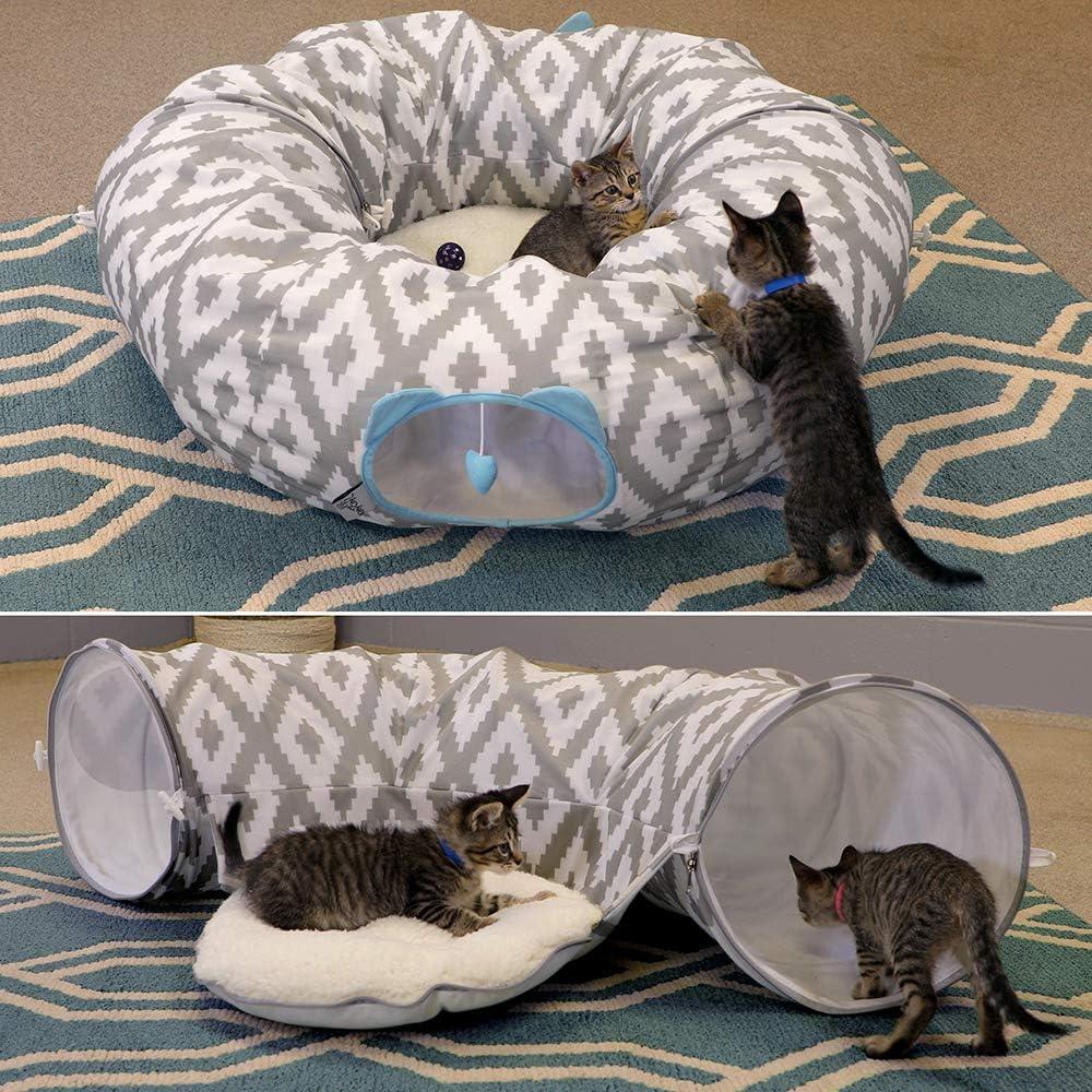 Large Gray and White Polyester Round Cat Tunnel Bed