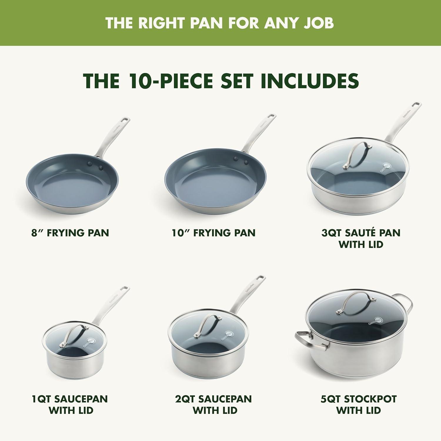 GreenPan 10-Piece Stainless Steel Ceramic Nonstick Cookware Set