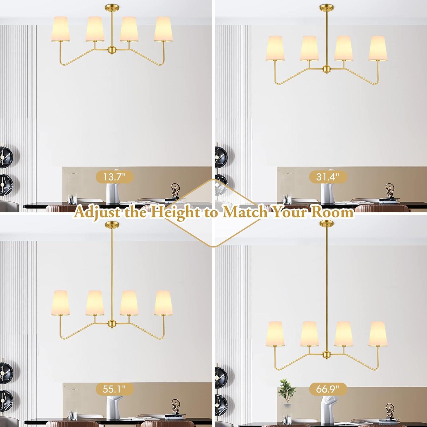 Gold Metal 4-Light Linear Chandelier with White Fabric Shades