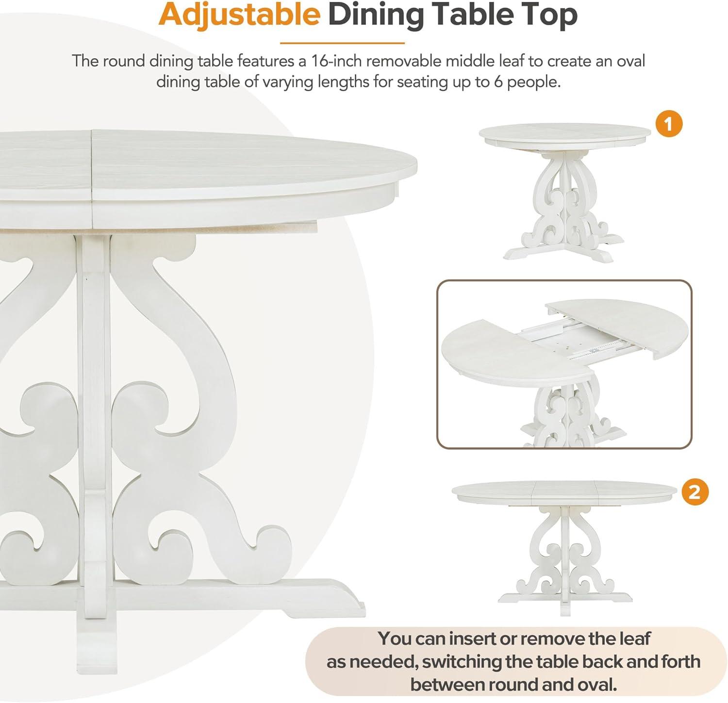 5 Piece Dining Table Set, Retro Functional Dining Set with 1 Extendable Table with a 16-inch Leaf and 4 Upholstered Chairs for Dining Room and Kitchen (Antique White)