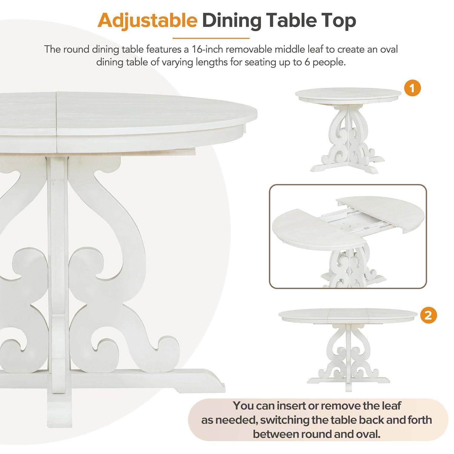 5 Piece Dining Table Set, Retro Functional Dining Set with 1 Extendable Table with a 16-inch Leaf and 4 Upholstered Chairs for Dining Room and Kitchen (Antique White)