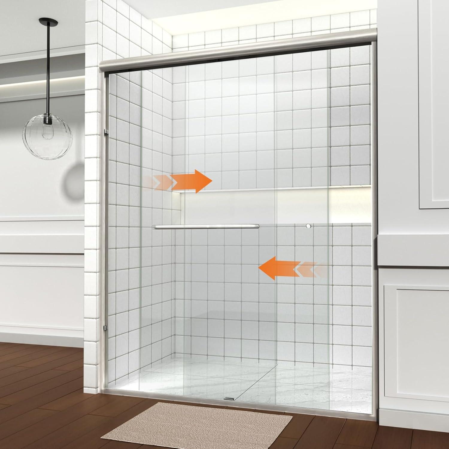 Brushed Nickel Semi-Frameless Sliding Shower Door with Clear Glass