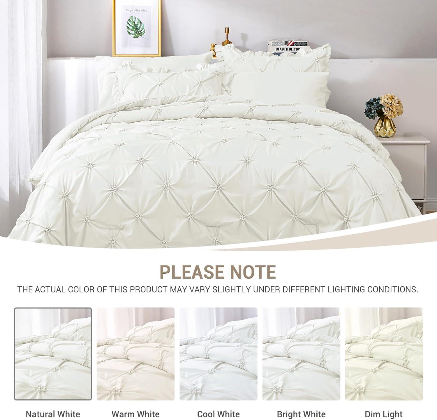 Ivory Comforter Set Queen - Bed in a Bag Queen 7 Pieces, Pintuck Bedding Sets Ivory Bed Set with Comforter, Sheets, Pillowcases & Shams