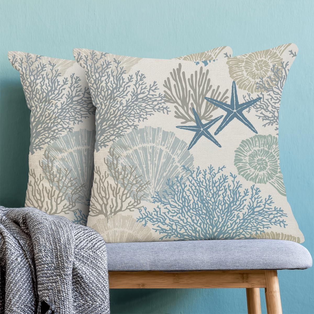 Burnt Orange Summer Outdoor Coastal Pillow Covers 18x18 Inch Set of 2 Fall Coral Seashell Starfish Throw Pillows Ocean Themed Beach Nautical Decorative Cushion Cases for Couch Decorations