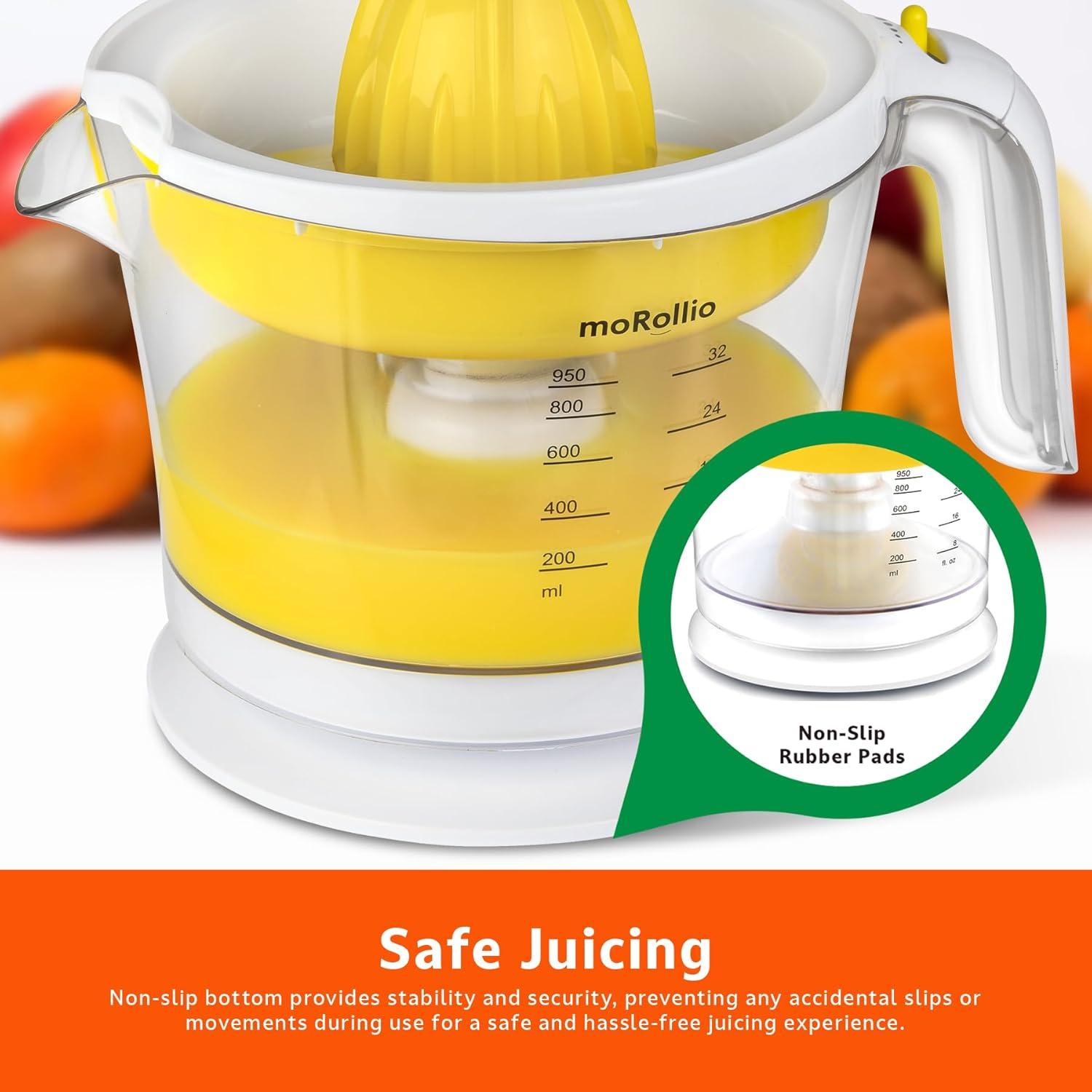 moRollio Citrus Juicer, Orange Juicer | Electric Citrus Juicer, Adjustable Pulp Control, 32oz