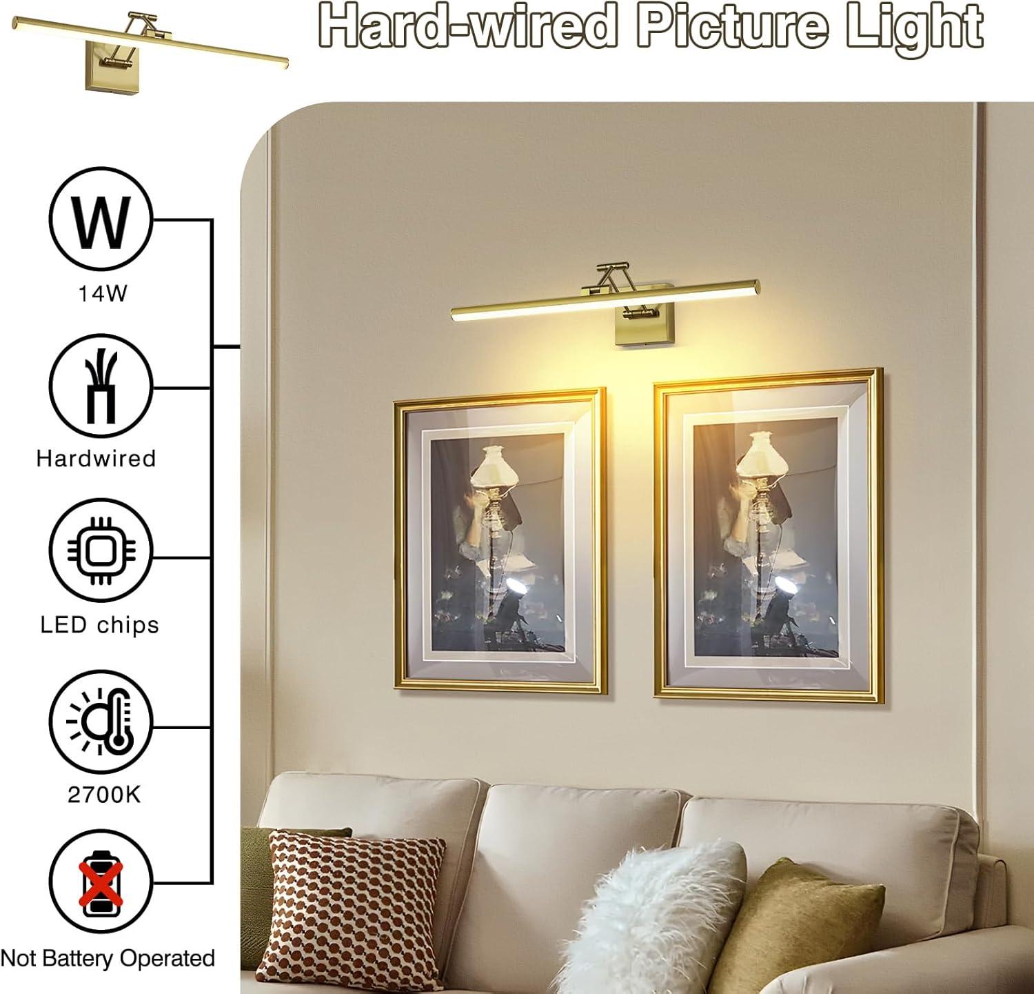 Joossnwell Hard-Wired Picture Light for Wall Brass Art Lighting Dimmable Gallery Light 23.39 inch Picture Frame Light with Adjustable Swing Arm for Painting Library Display Artwork Museum Warm White