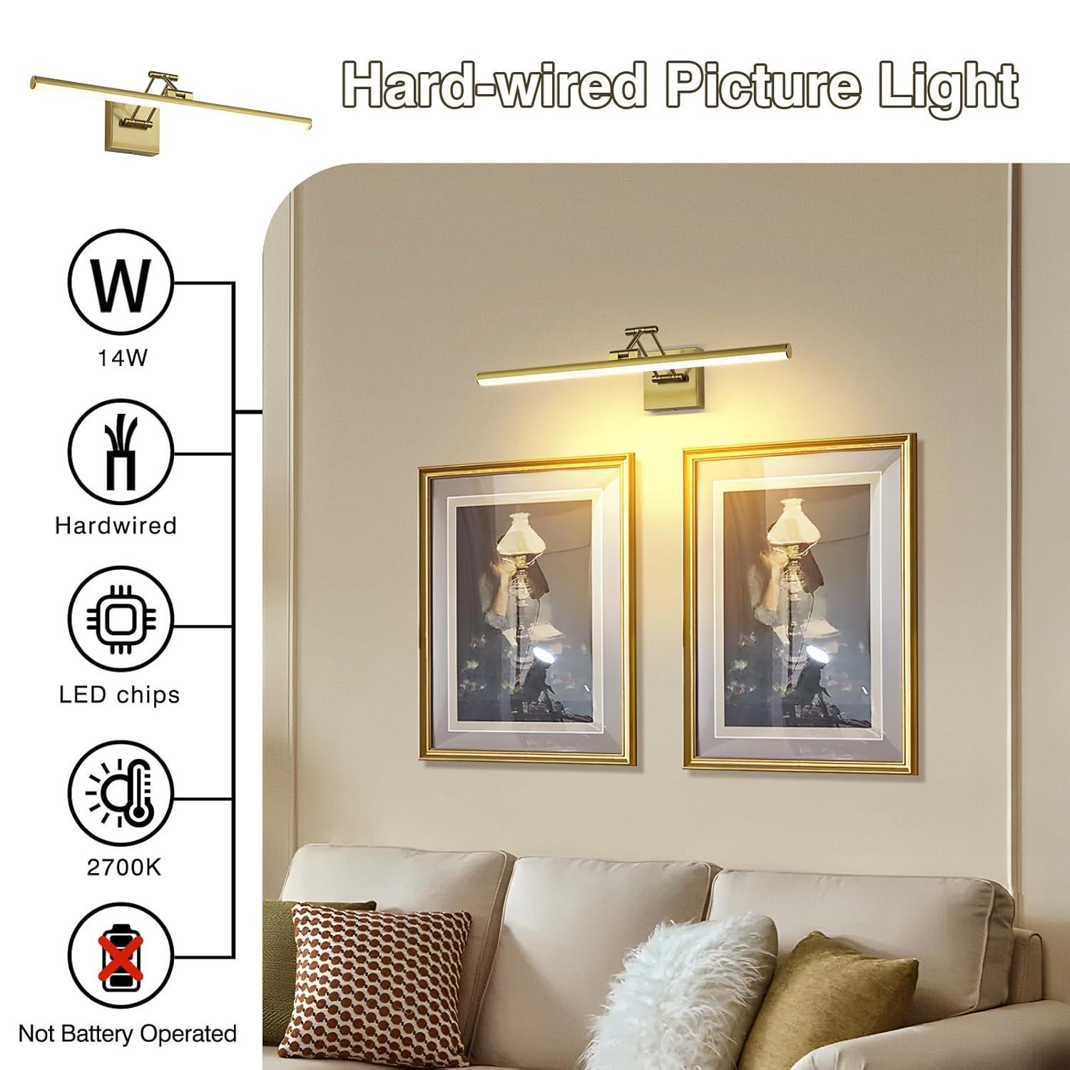 Joossnwell Hard-Wired Picture Light for Wall Brass Art Lighting Dimmable Gallery Light 23.39 inch Picture Frame Light with Adjustable Swing Arm for Painting Library Display Artwork Museum Warm White