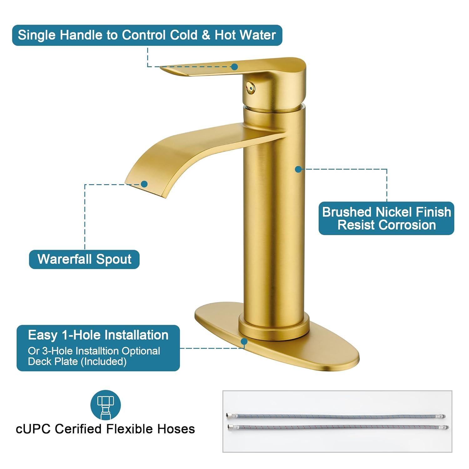 Gold Bathroom Faucets | Waterfall Single Hole Bathroom Sink Faucet with Deck Plate, 1 Hole Or 3 Hole for 4 Inch Brushed Gold Vanity Faucet with Pop-Up Drain Single Handle Lavatory Faucet