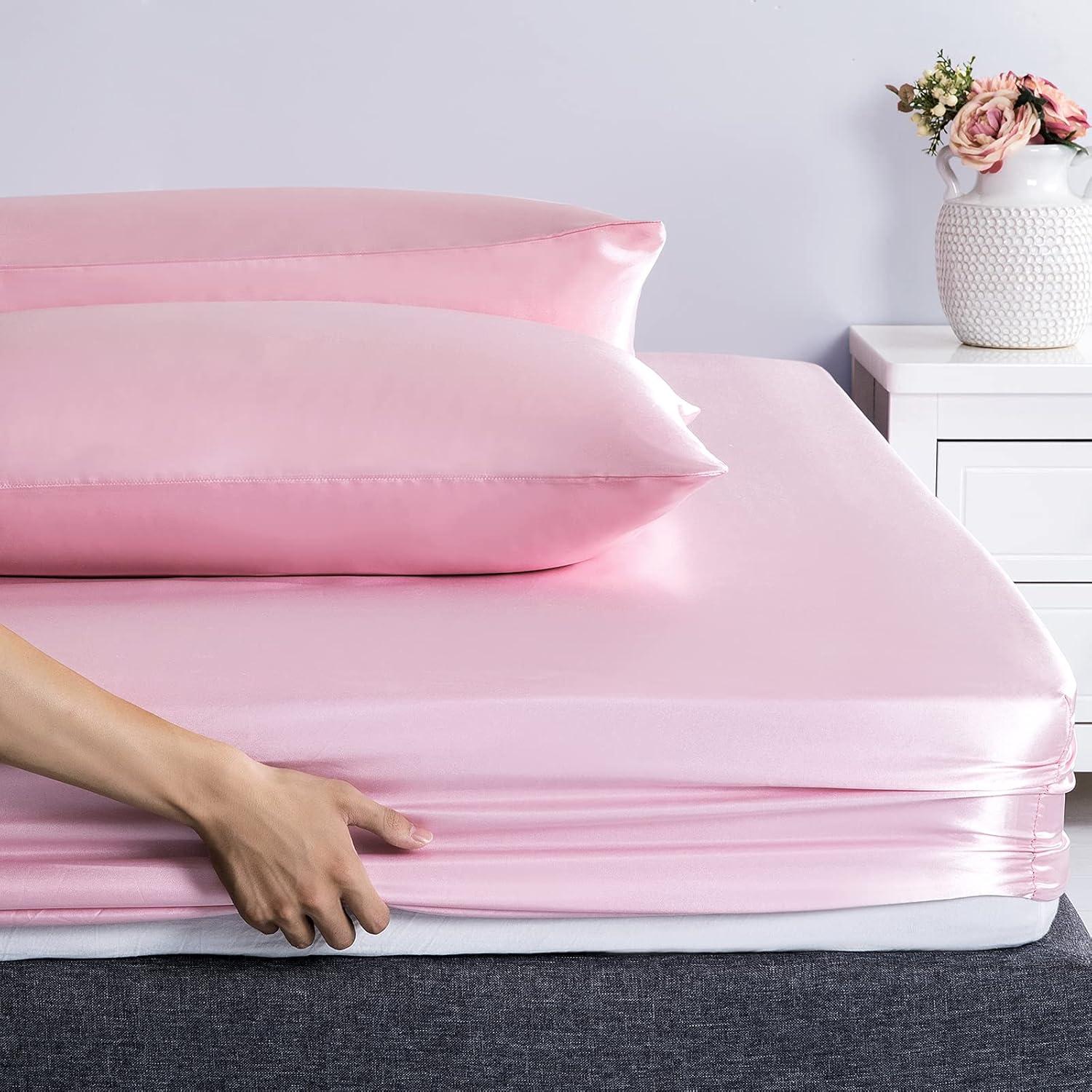 Queen Pink Satin Deep Pocket 4-Piece Sheet Set