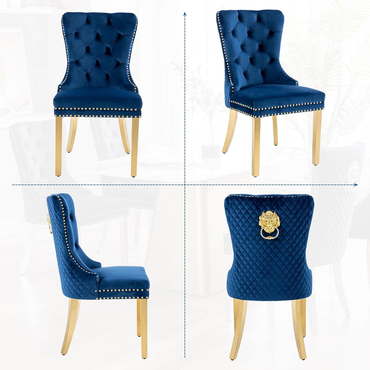Velvet Upholstered Dining Chairs, Set of 2, Dining Room Tufted Chair, Modern Button Tufted Armless Chairs with Nailhead Trim and Back Ring Pull, Gold Legs, for Dining Room, Kitchen, Navy