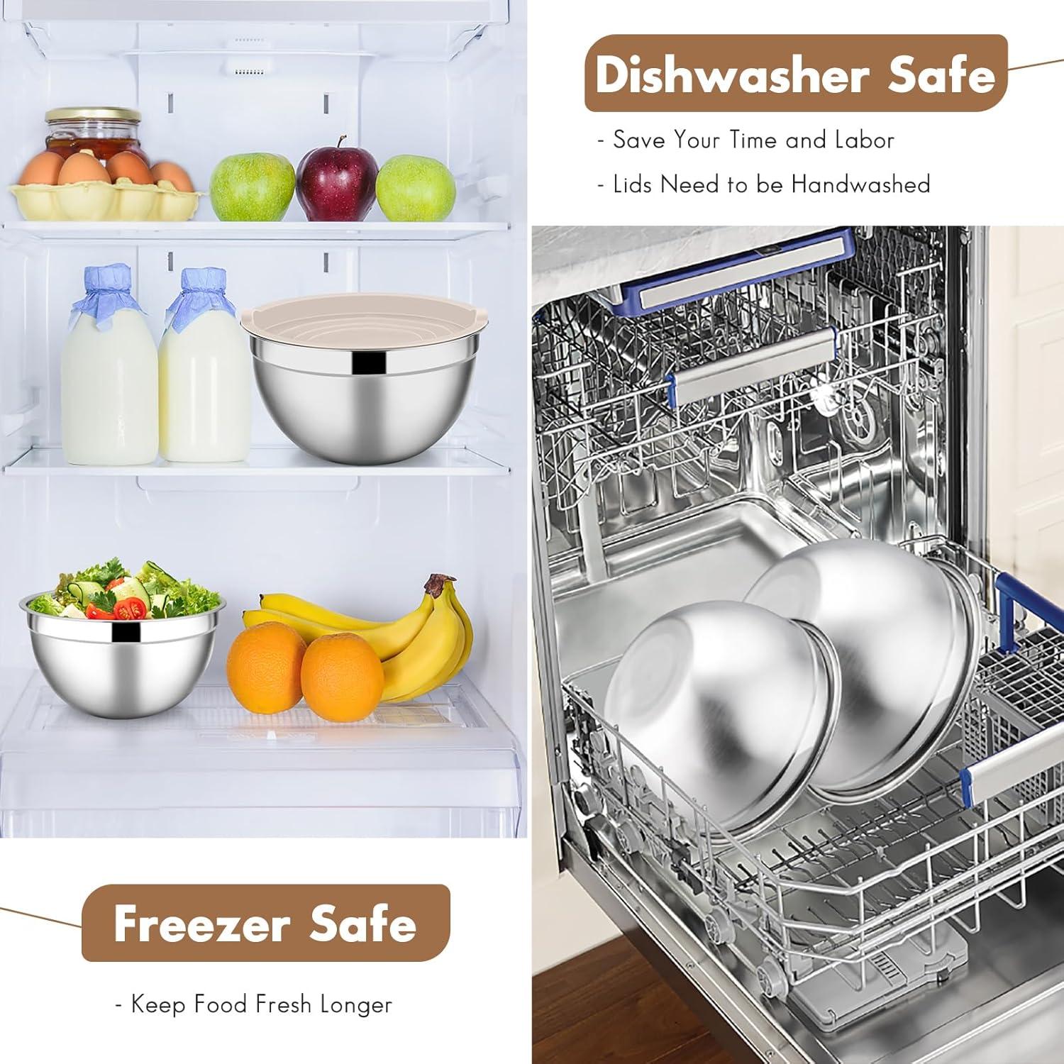 Toledo Bath & Kitchen Stainless Steel Mixing Bowls With Lids, 5-Pack Metal Nesting Bowls With Airtight Covers For Cooking, Baking, Serving, Storage, Non-Toxic & Dishwasher Safe, Size 4.6/3/1.5/1/0.7QT - Khaki