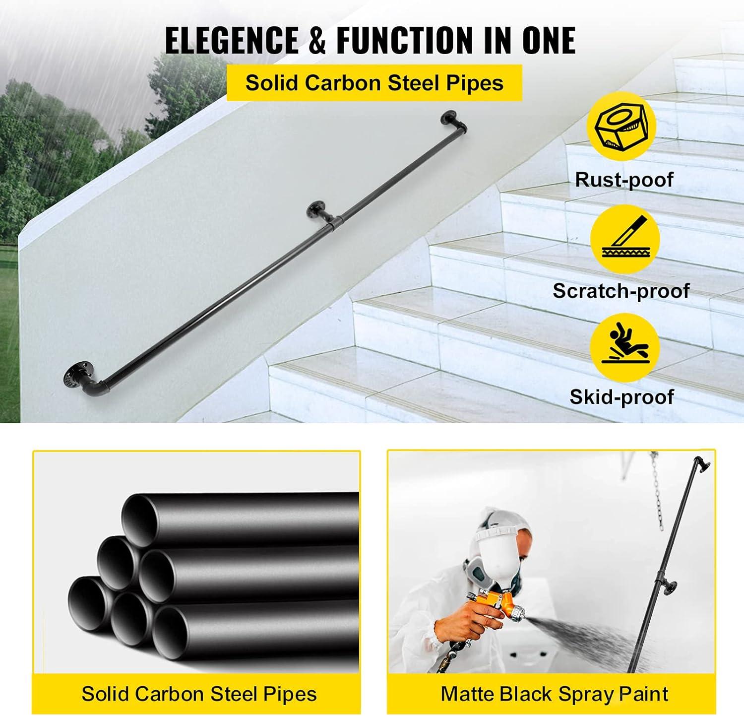 4 ft. Pipe Stair Handrail 440 lbs. Load Capacity Wall Mounted Handrail Round Corner Handrails for Outdoor Steps, Black