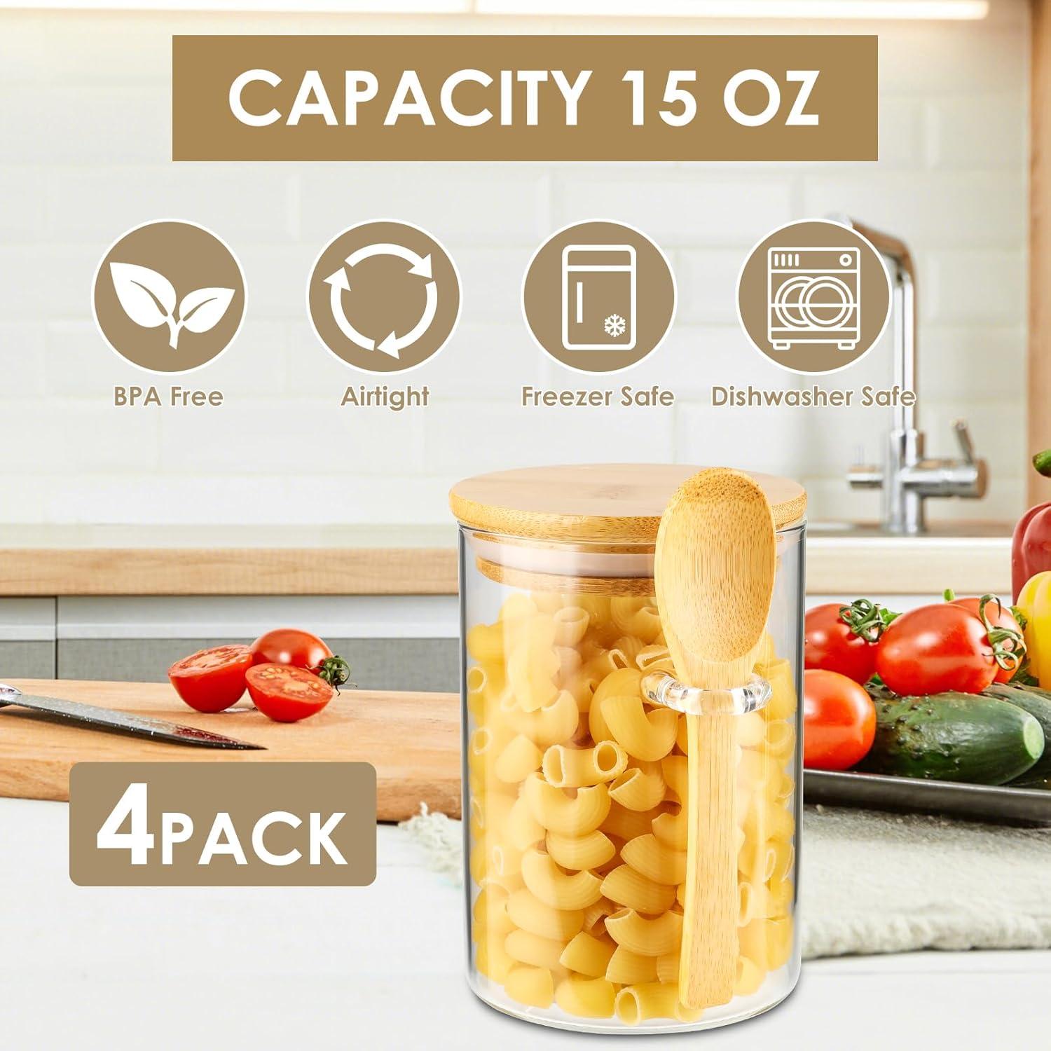 3 Pack Glass Containers Jars with Bamboo Airtight Lid and Spoon, 15Oz Glass Food Storage Canisters, Kitchen Organization Jar Set for Coffee Beans, Tea, Flour, Salt, Nuts, Candy, Cookie and More