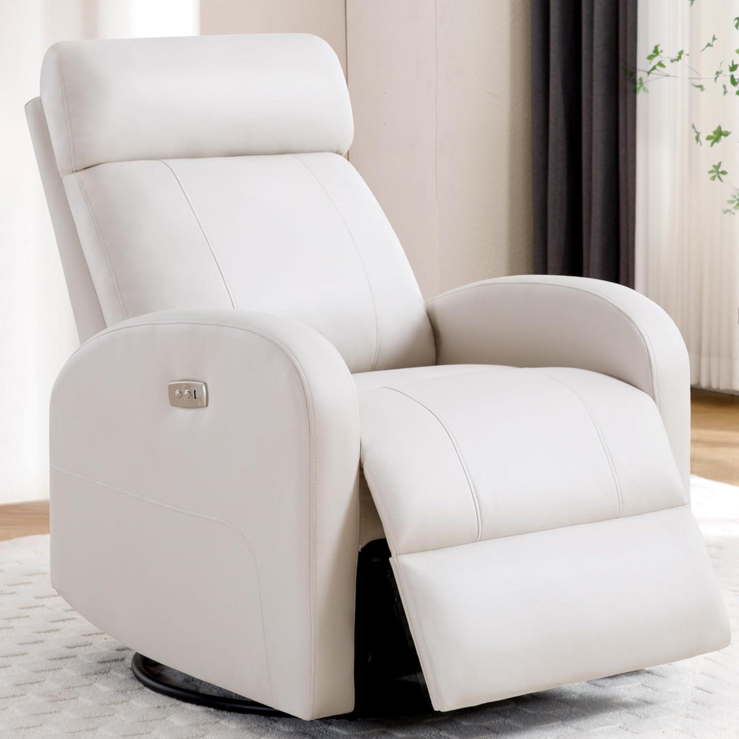 Beige Faux Leather Swivel Recliner with Adjustable Headrest