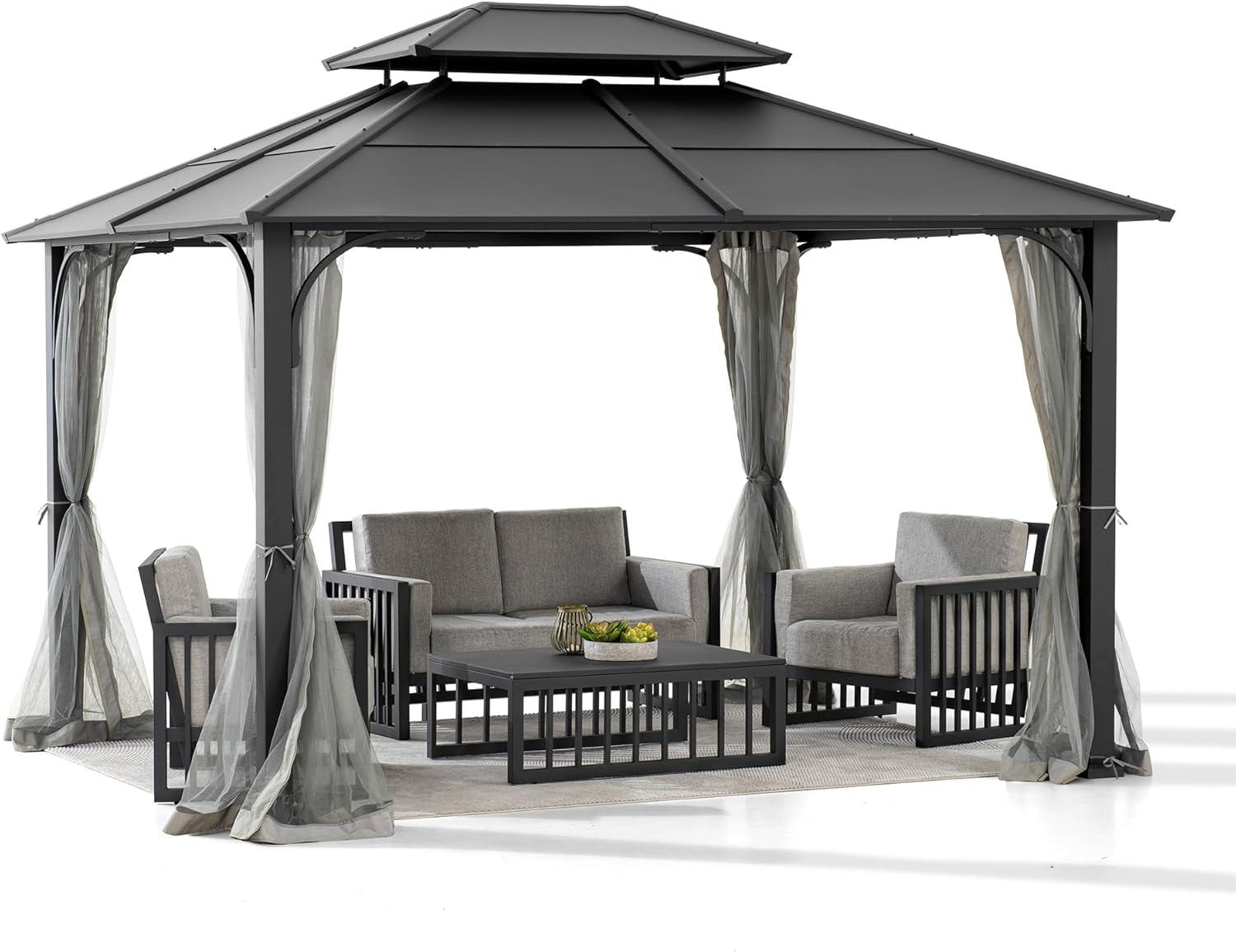 Sunjoy Sunjoy Hardtop Gazebo 10 x 12 ft. Outdoor Gazebo, Heavy Duty Steel Frame Gazebo, Double Roof Metal Gazebo with Ceiling Hook and Removable Netting Sidewalls