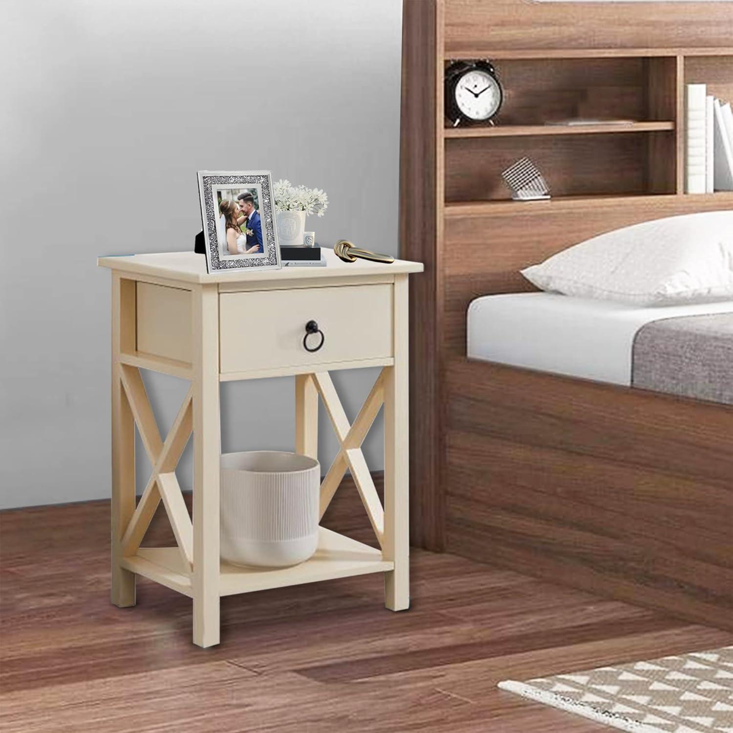 Cream Solid Wood Nightstand with Drawer and Shelf