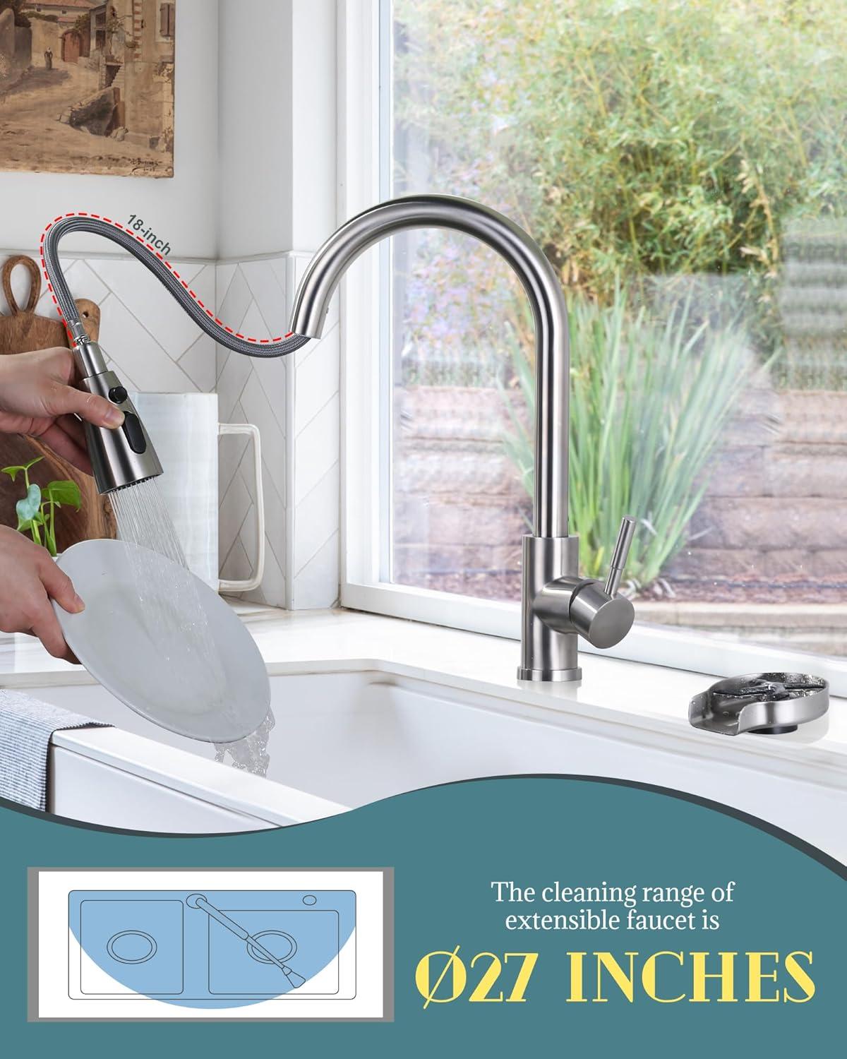 WOWOW Kitchen Faucet with Sprayer, Kitchen Sink Faucet, SUS 304 Stainless Steel, High Arc Single Handle Brushed Nickel Kitchen Faucets with Pull Down Sprayer, Pull Out Kitchen Faucet with Deck Plate