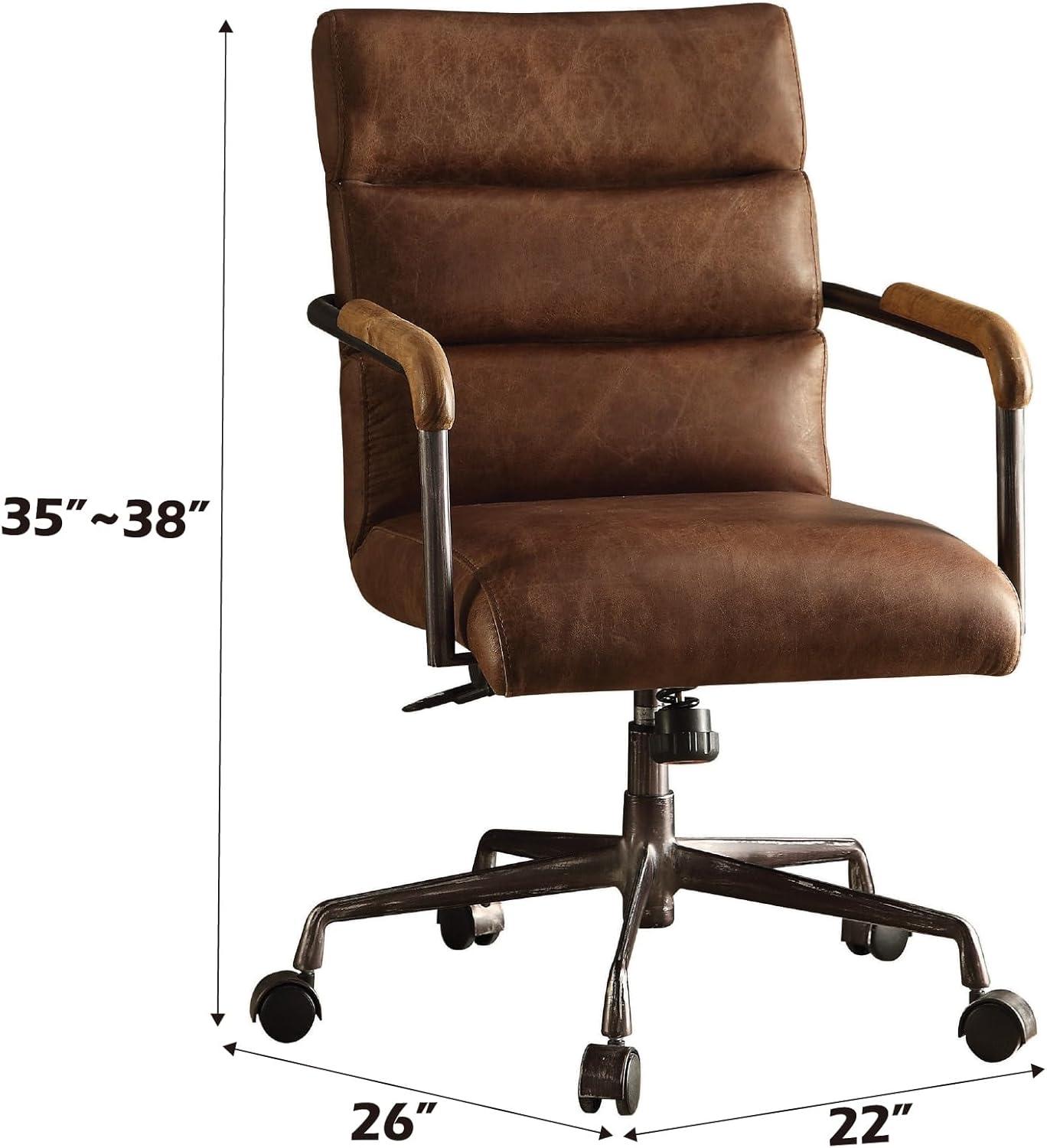 Leather Executive Swivel Office Chair with Lumbar and Back Support and Wheels, Industrial Modern Upholstered Home Desk Chair in Retro Brown Top Grain Leather for Living Room Office