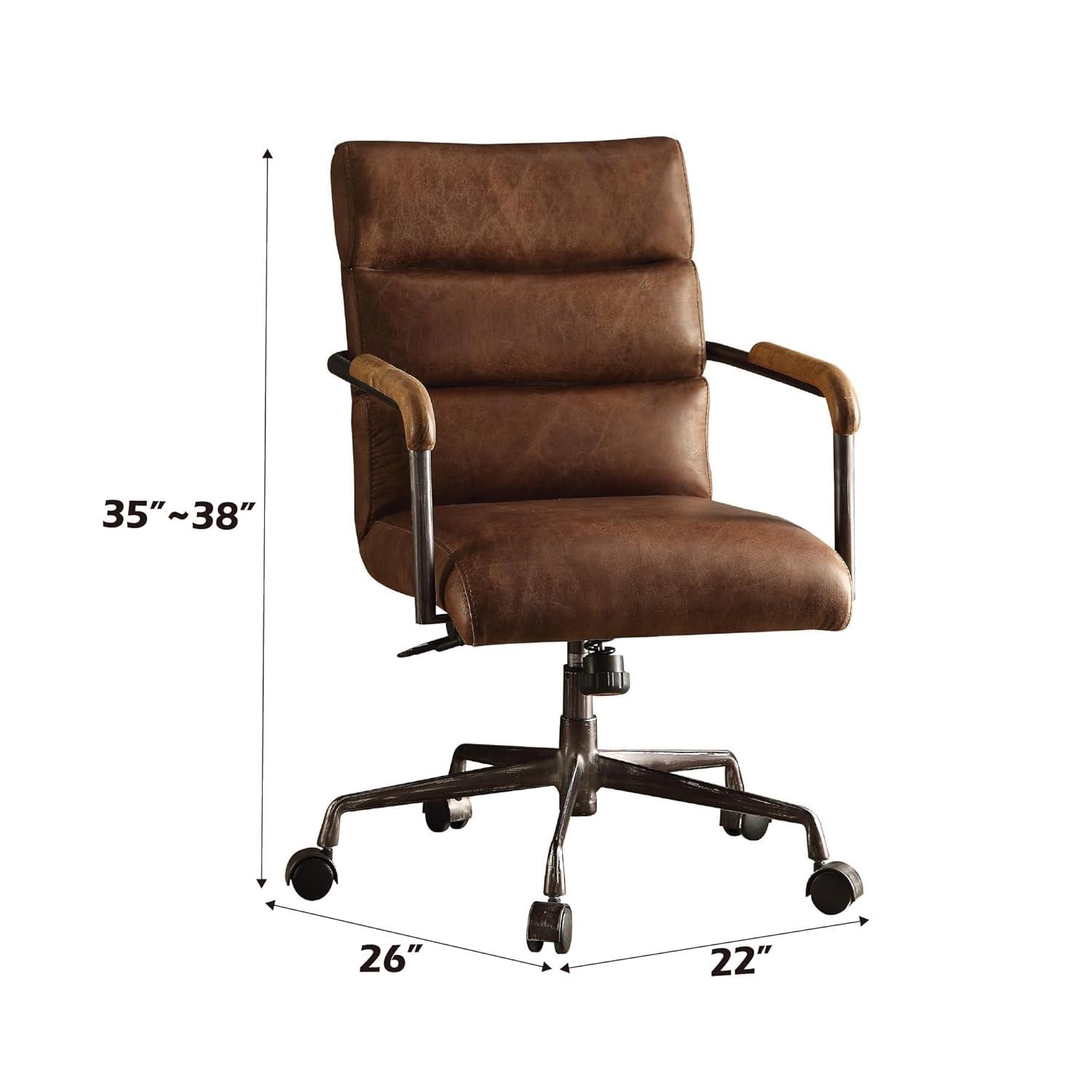 Leather Executive Swivel Office Chair with Lumbar and Back Support and Wheels, Industrial Modern Upholstered Home Desk Chair in Retro Brown Top Grain Leather for Living Room Office