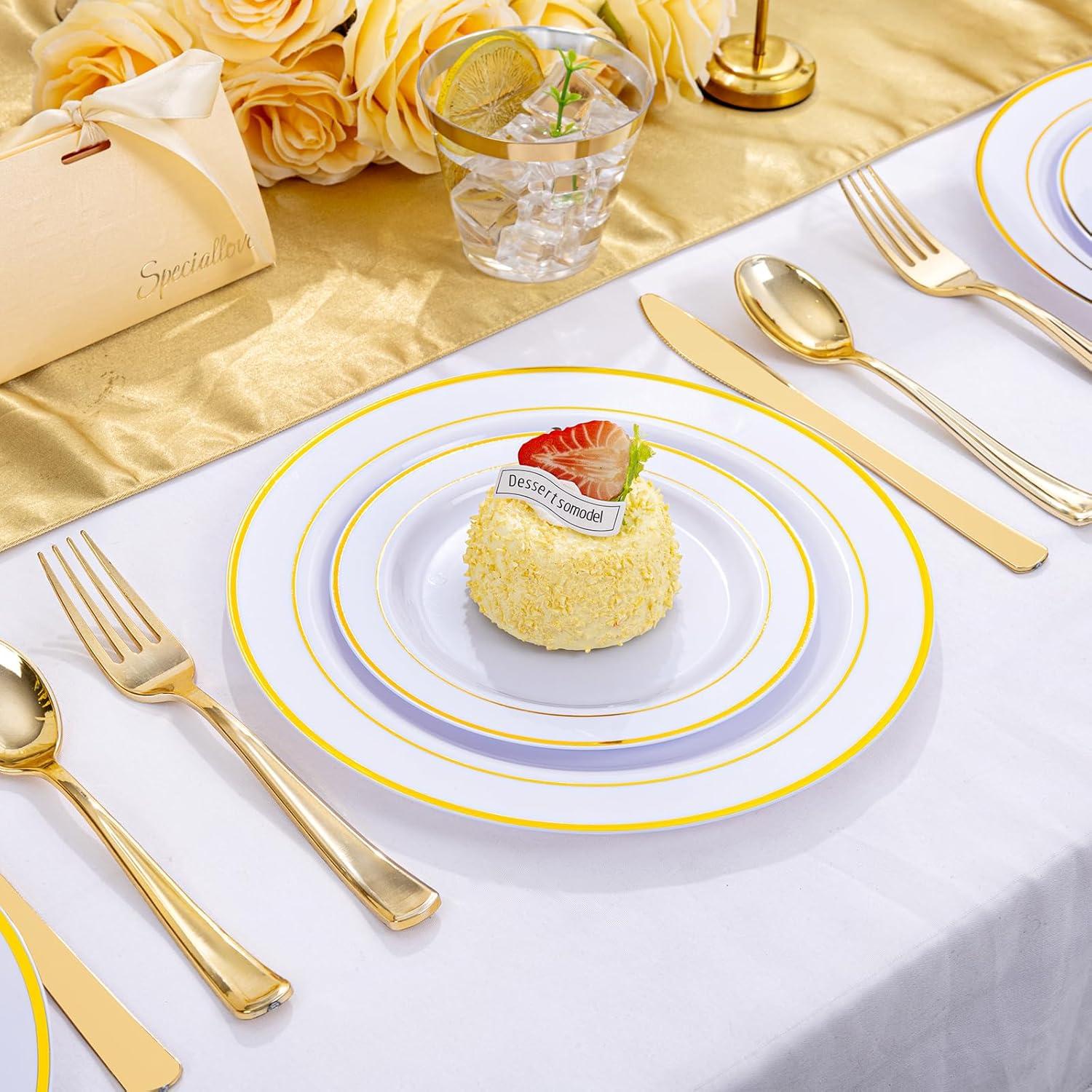 Gold Disposable Dinnerware Set for 100 Guests - 600PC BPA-Free Plastic Plates & Cutlery Kit with 100 Dinner Plates, Salad Plates, Forks, Knives, Spoons & Cups for Wedding, Party, Catering (Heavy-Duty)