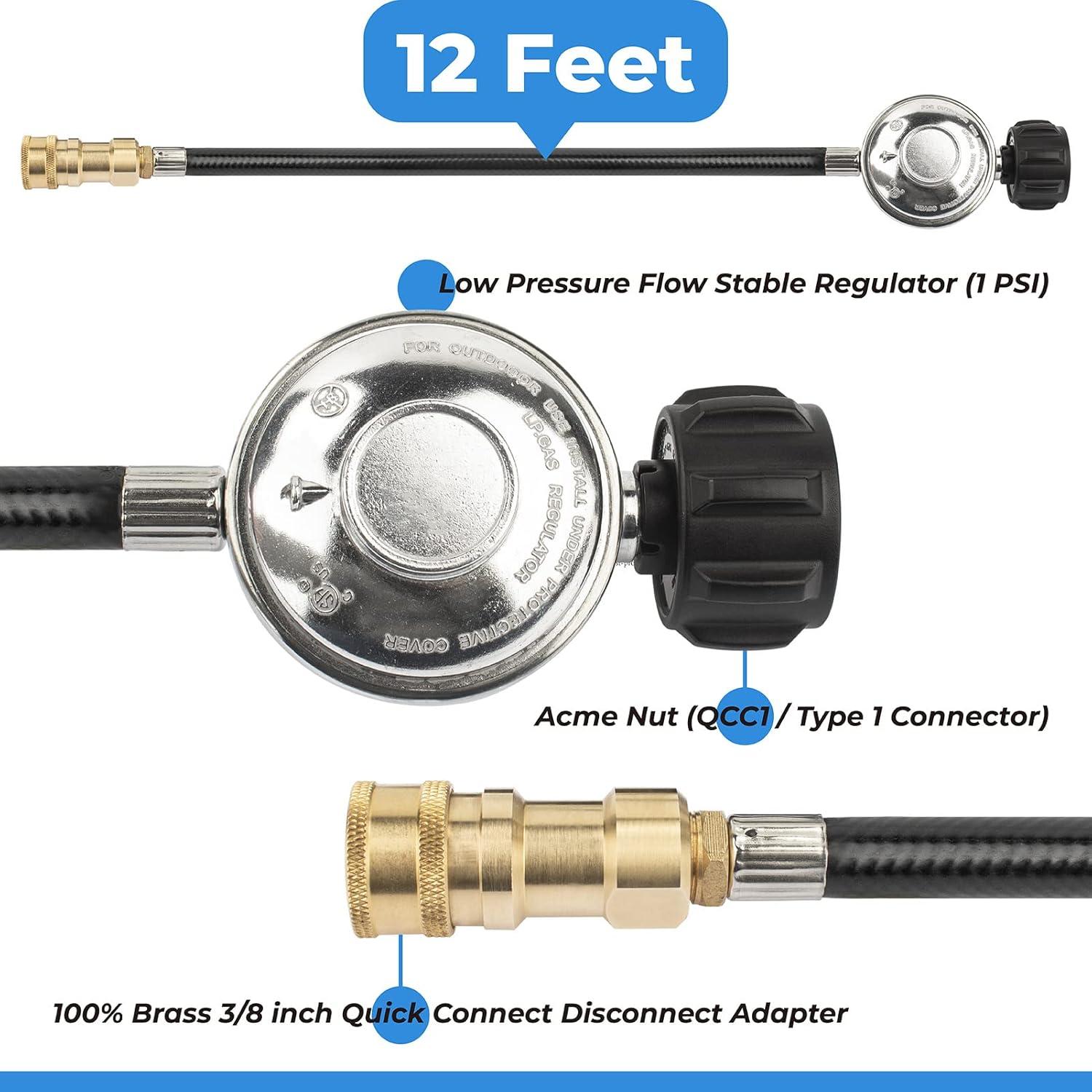 F271803 12ft Propane Heater Adapter Hose with Regulator,for Heater Big Buddy Indoor Outdoor Heater,3/8 inch Female Quick Connect x QCC1 Propane Tank Connection