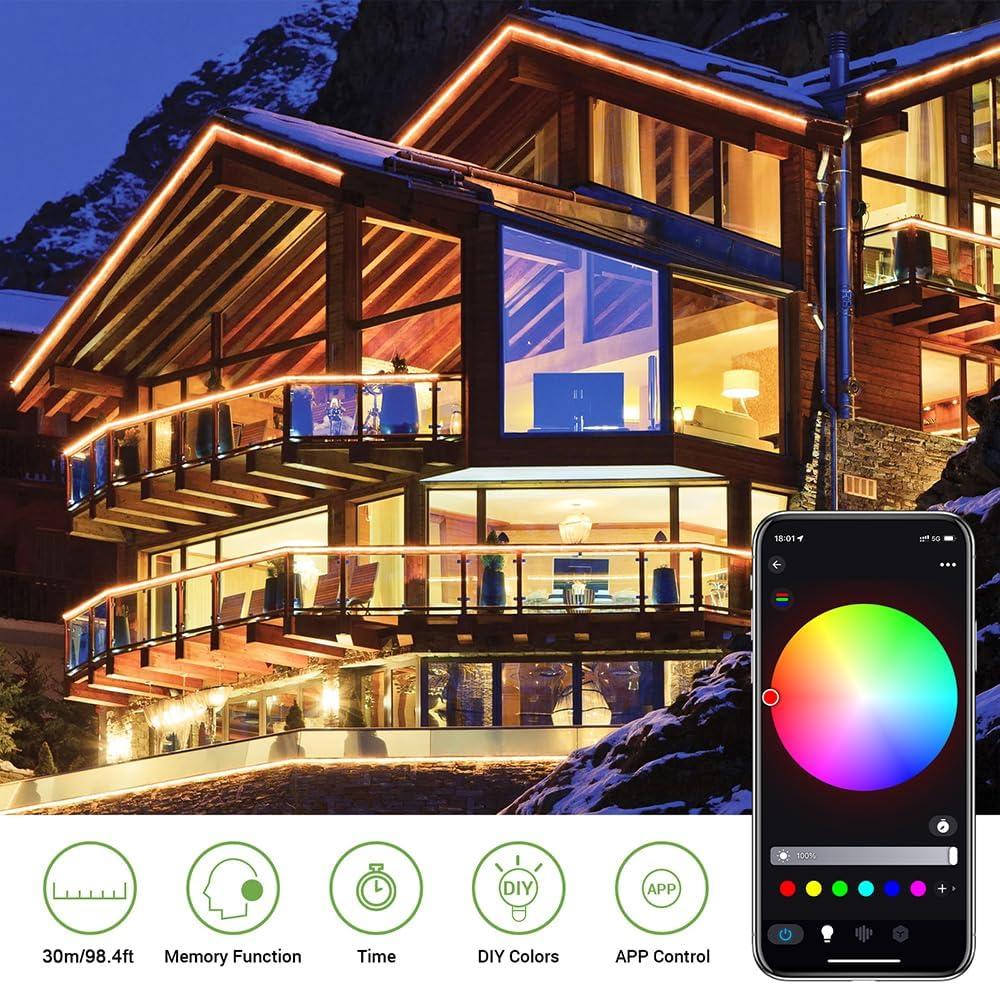 Novostella 98.4ft (49.2x2) Smart LED Outdoor Rope Light, Music Sync RGB Strip Lights, App Control and RF Remote Color Changing Dimmable Tape Exterior Lighting Kit, for Garden Stairs Party, 24V IP65