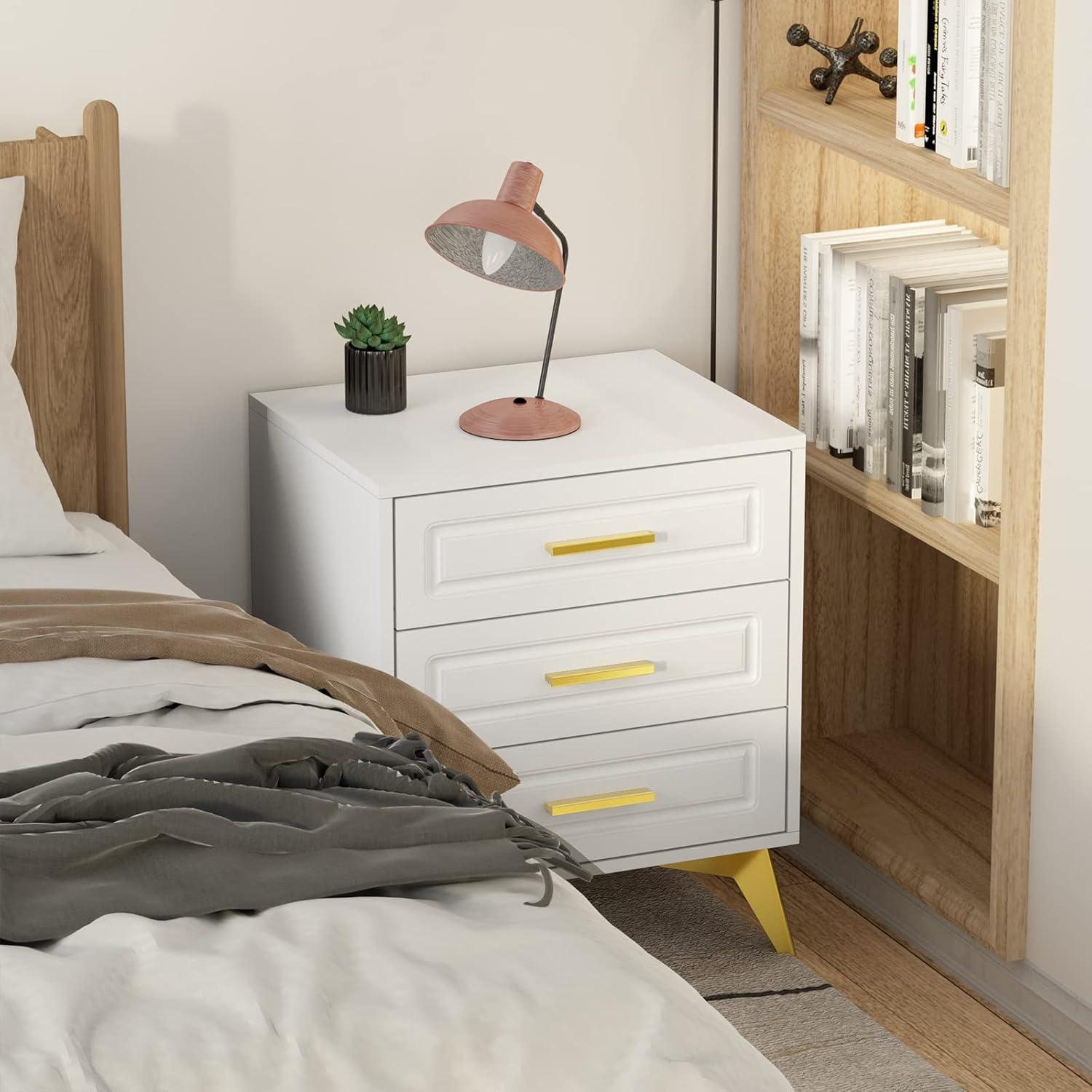 White and Gold 3-Drawer MDF Nightstand with Metal Legs