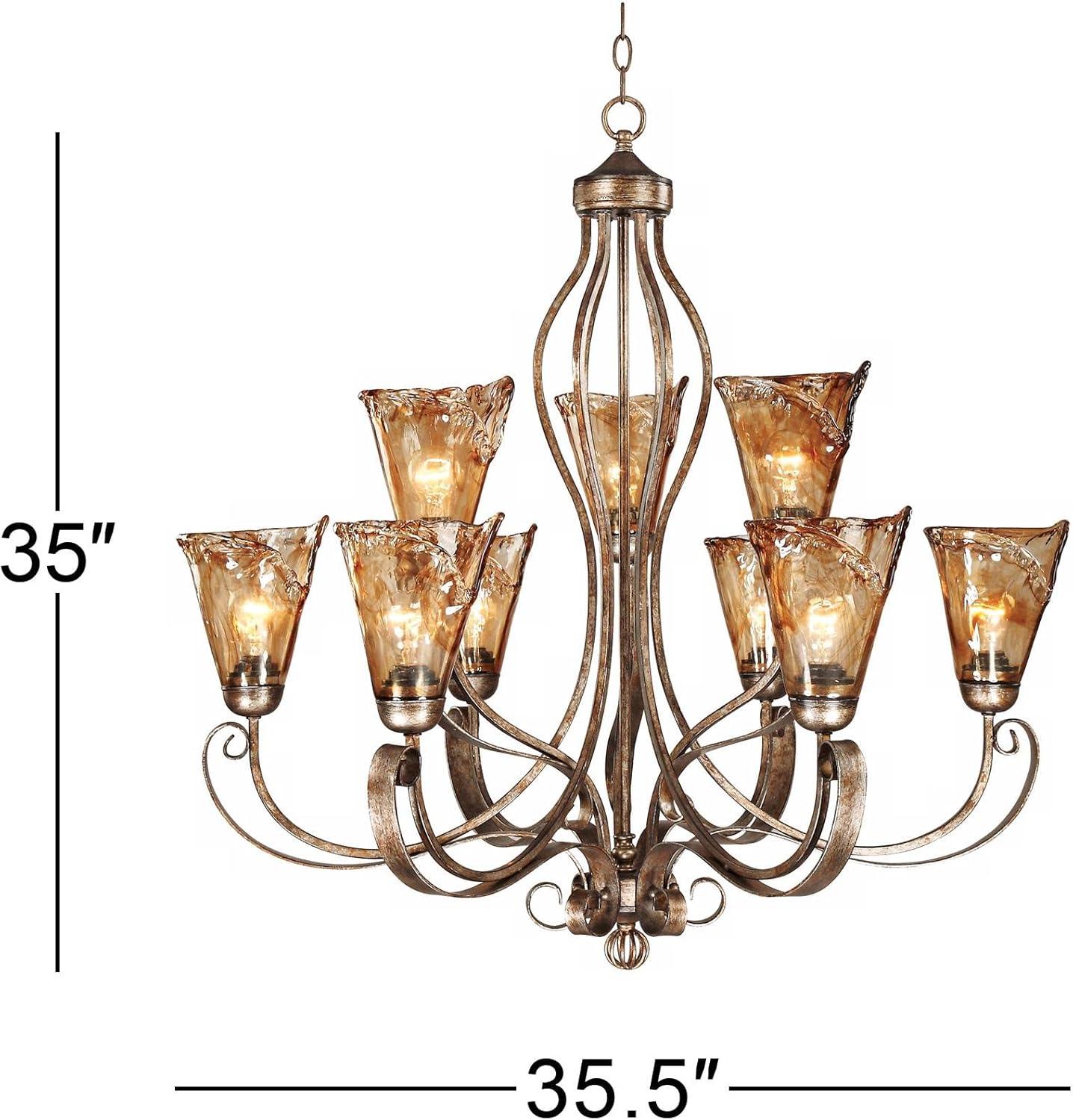 Franklin Iron Works Amber Scroll Golden Bronze Large Chandelier 35 1/2" Wide Rustic Art Glass 9-Light Fixture for Dining Room House Kitchen Island