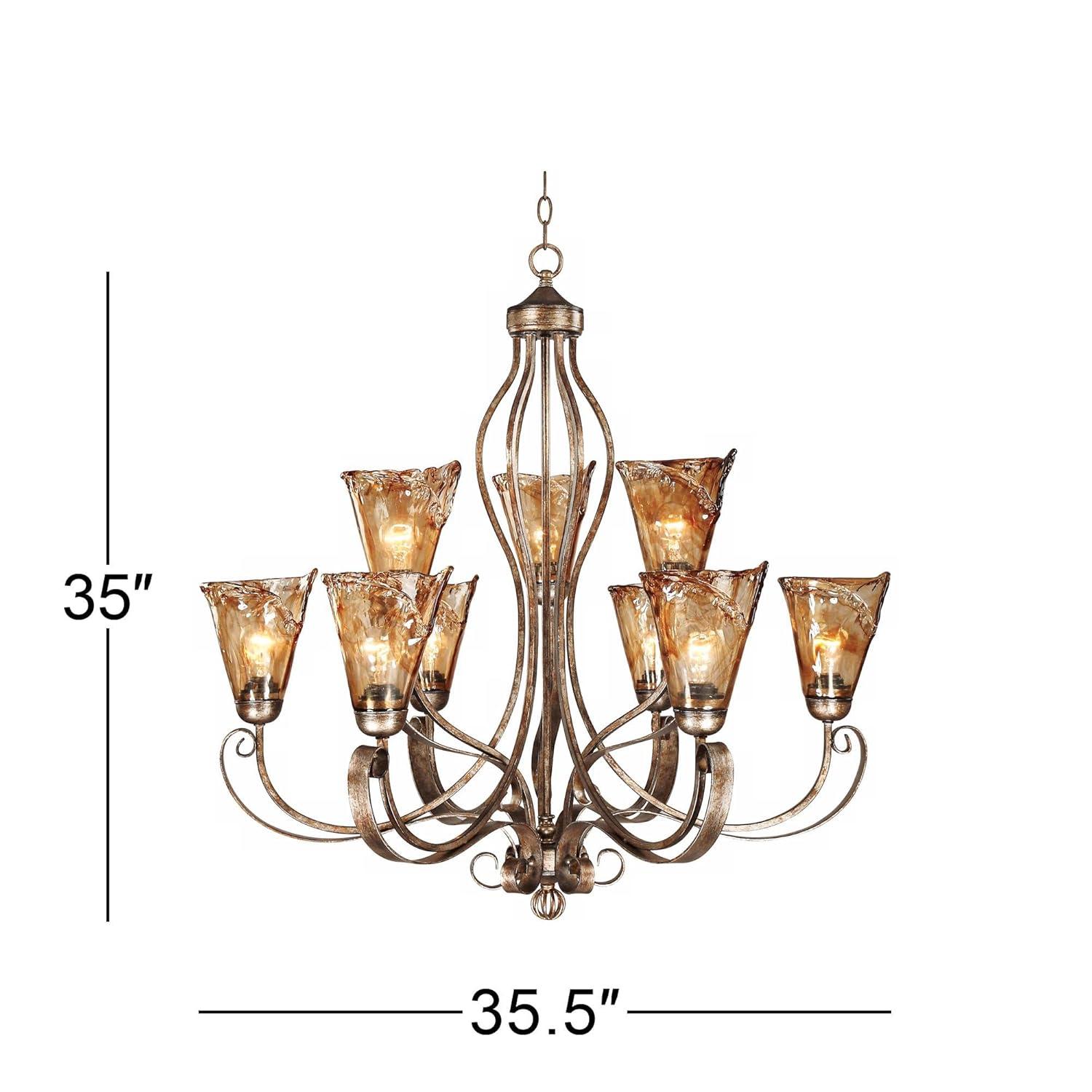 Franklin Iron Works Amber Scroll Golden Bronze Large Chandelier 35 1/2" Wide Rustic Art Glass 9-Light Fixture for Dining Room House Kitchen Island