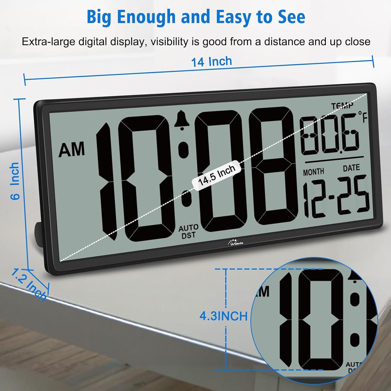 WallarGe 14.5'' Large Digital Wall Clock Battery Operated with Jumbo Numbers, Temperature and Date - Easy to Read and Set, Auto DST